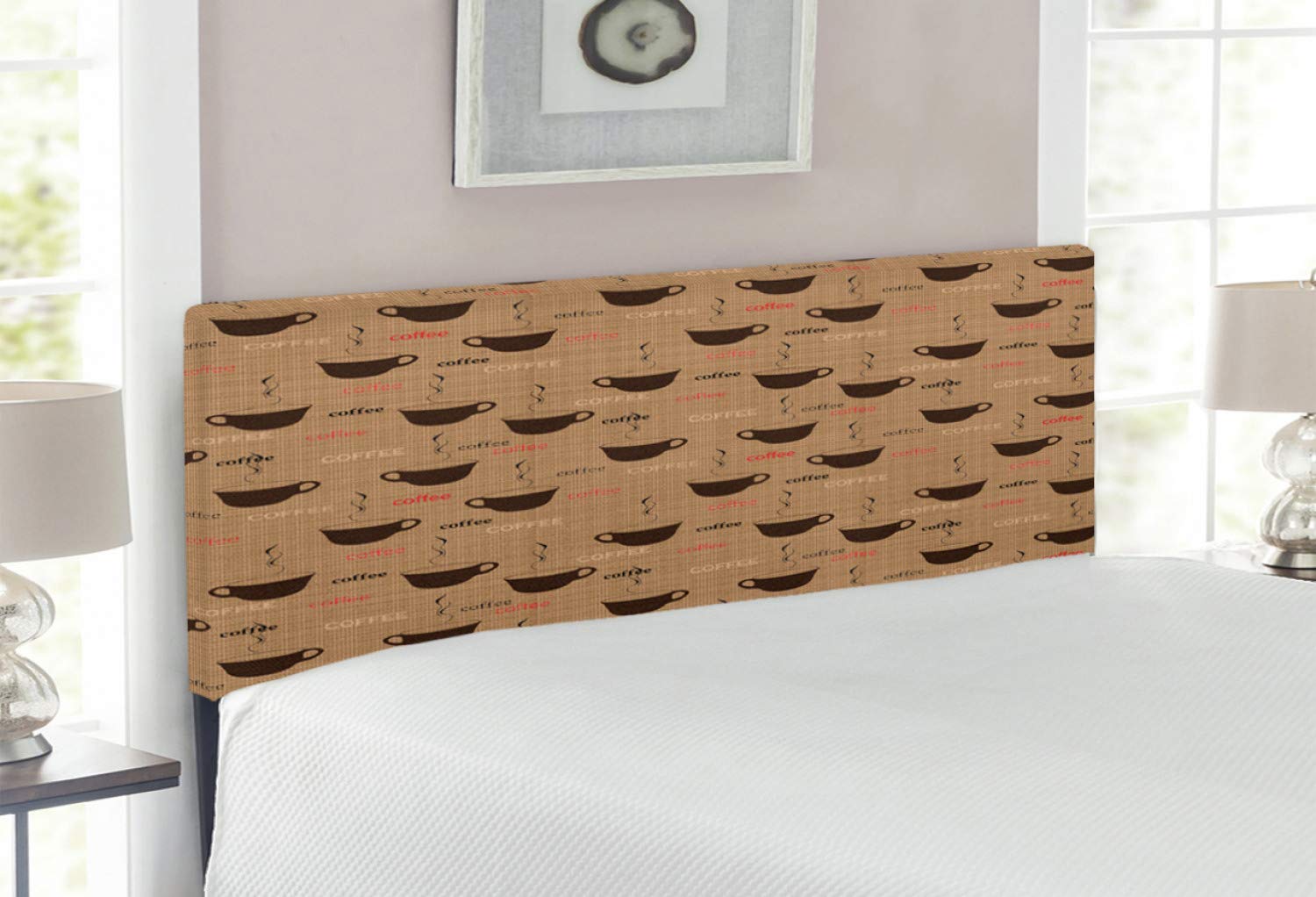 Ambesonne Coffee Themed Headboard - Full Size Upholstered Metal Bed Headboard with Memory Foam | Earthen Tone Coffee Cup Design in Chocolate & Pale Brown | Perfect for Bedroom Decor & Coffee Lovers