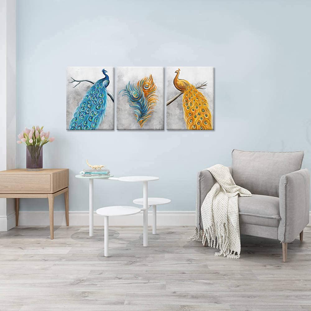 Peacock Blue and Gold Canvas Wall Art - Abstract Peacock Feather Painting for Kitchen, Bedroom & Living Room Decor | Modern Animal Print Aesthetic Home Décor