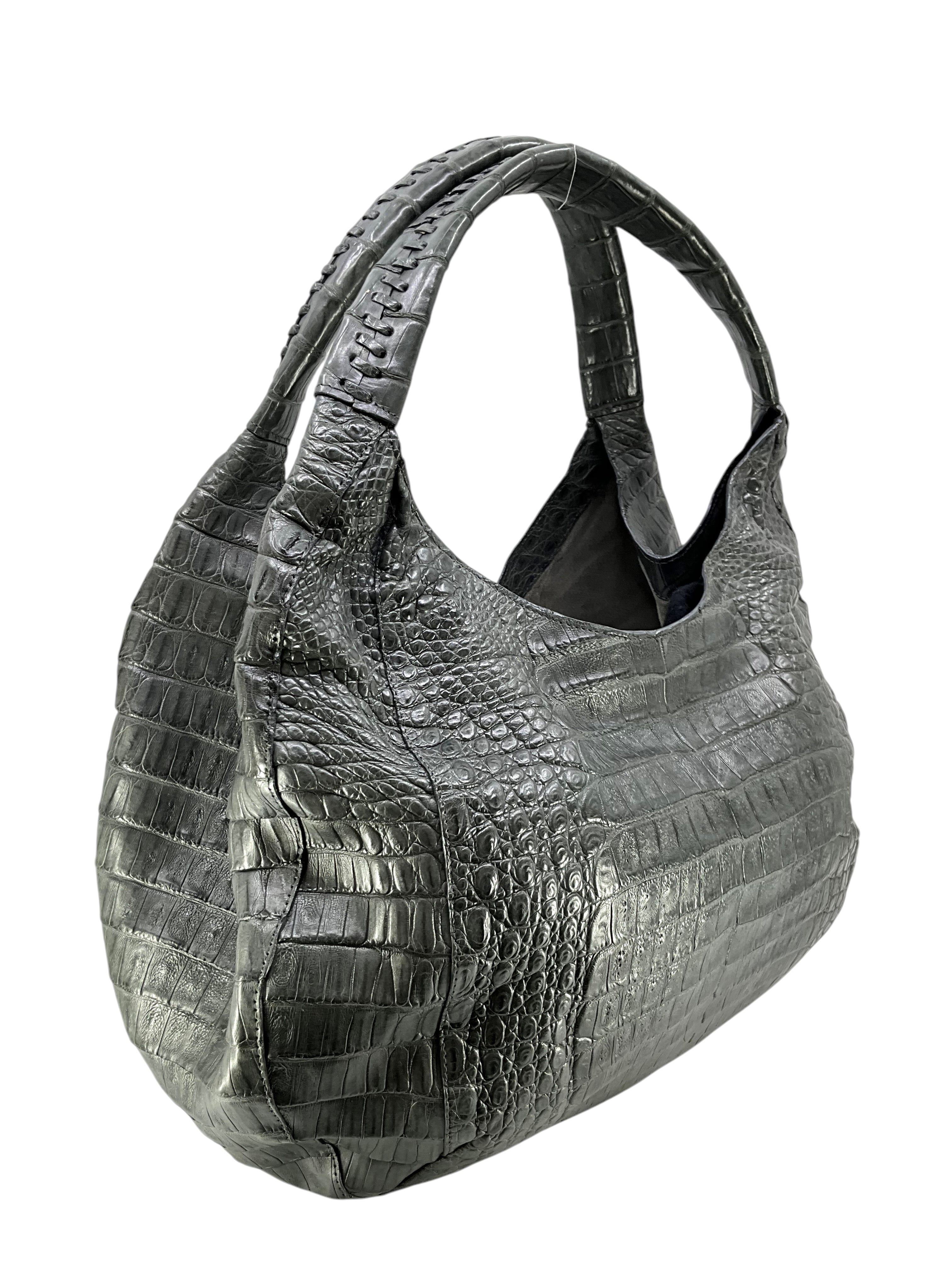 Nancy Gonzalez Genuine Crocodile Leather Hobo Bag with Ruffled Design - Perfect for Women's Fashion, Evening Events & Luxury Handbag Collection