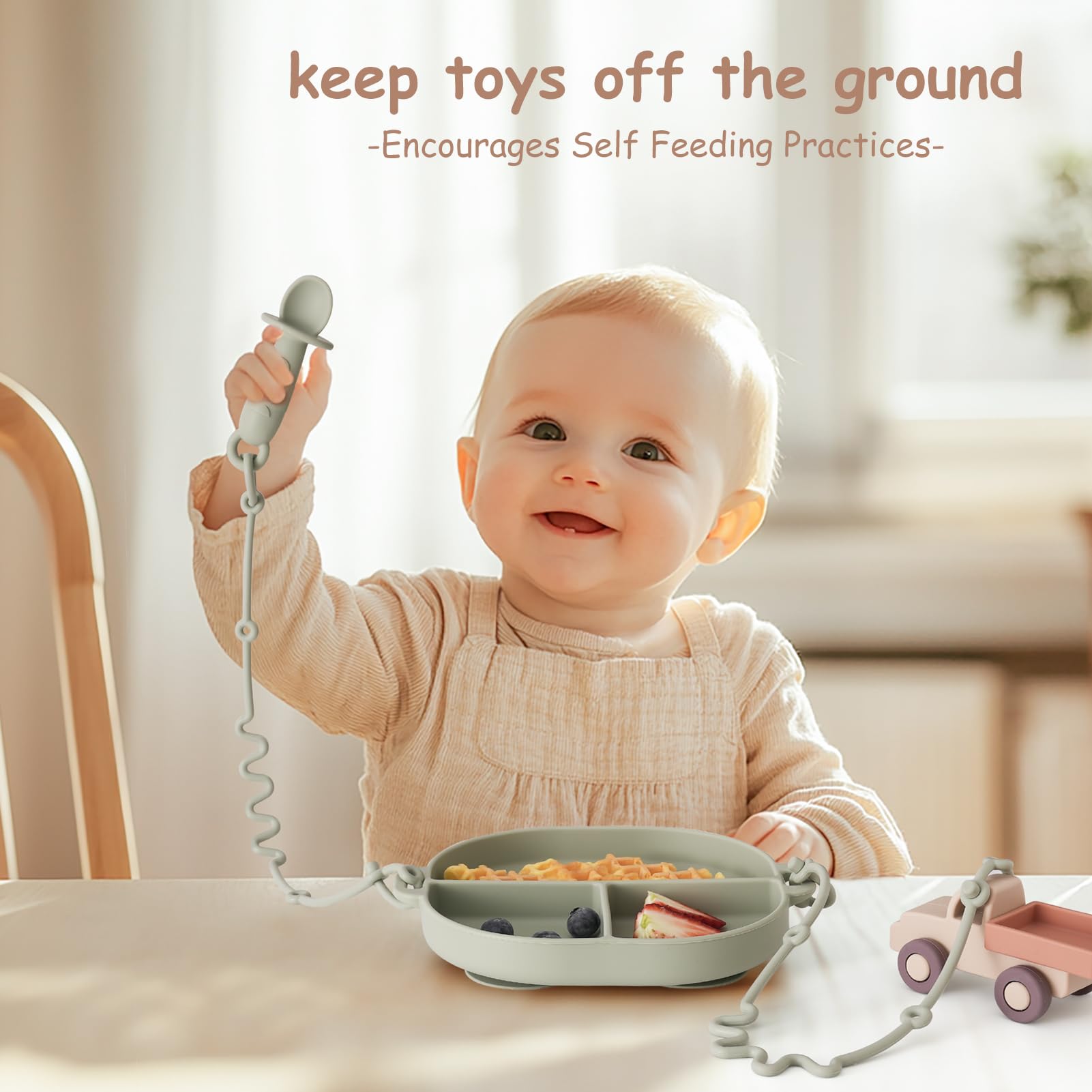 Non-Toxic Silicone Divided Baby Plates with Suction Base & Safety Spoons - BPA-Free Infant Feeding Set with Toy Straps & Bottle Bungees - Perfect for Toddler Mealtime, High Chair Use, and On-the-Go Feeding - Sage Green