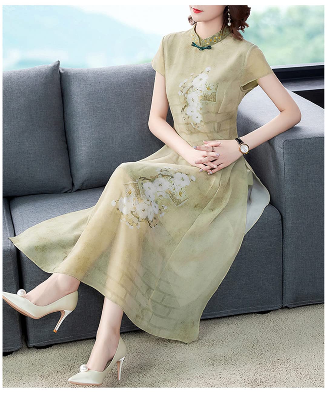 Elegant Chinese Style Long Dress for Women - Spring Summer Short Sleeve Cheongsam Dress - Perfect for Weddings, Parties & Cultural Events