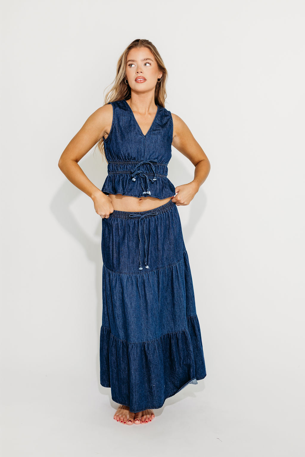 Noah Women's 100% Cotton Denim Peplum Top & Midi Skirt Set - Casual Outfit for Spring Summer | Perfect for Date Night, Office Wear & Weekend Brunch