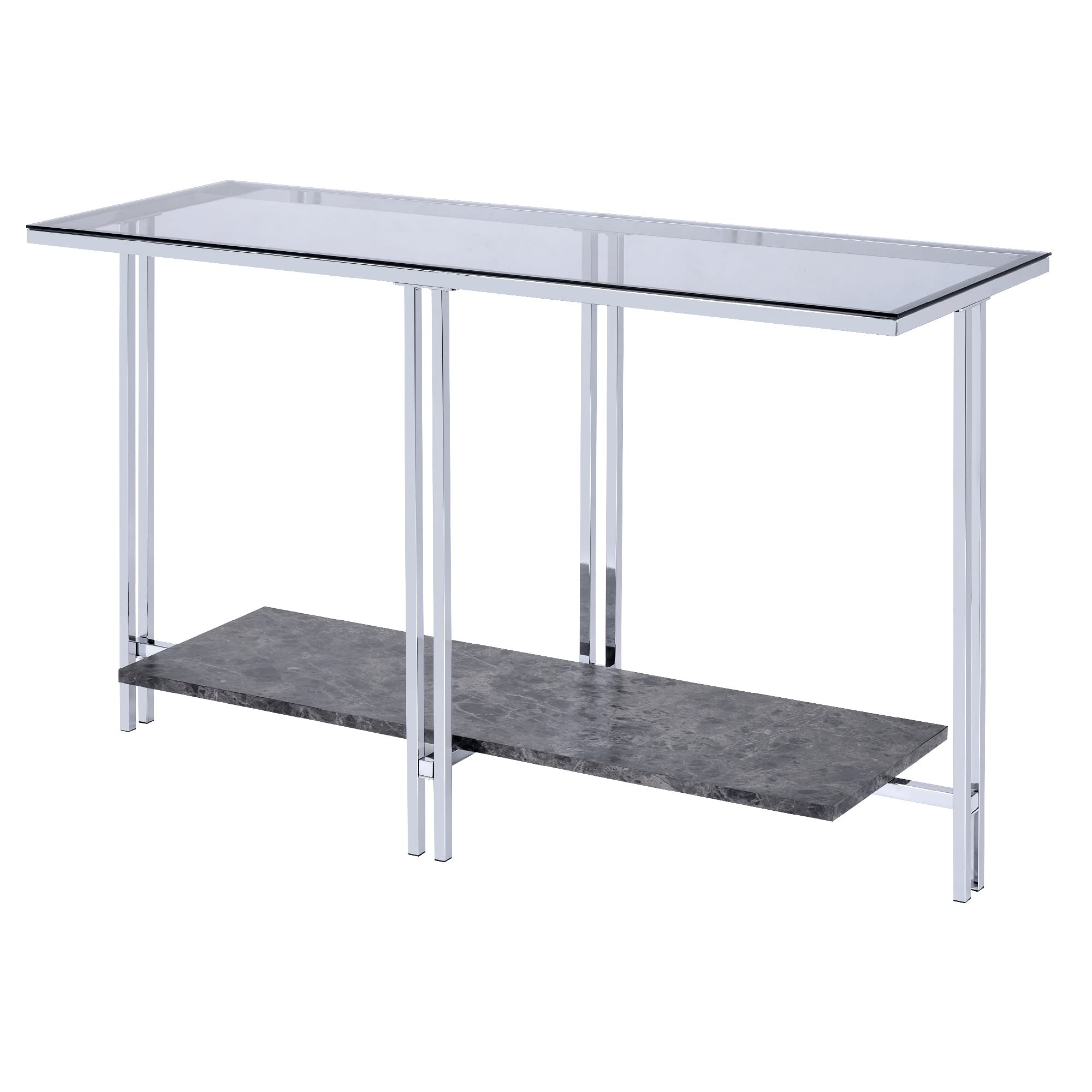 Benjara Modern Sofa Table - Silver Metal Frame with Clear Glass Top & Marble Bottom Shelf - Perfect for Living Room, Lounge, or Office Decor