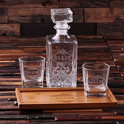 Teals Prairie & Co. Personalized Engraved Bar Tray Set with Glass Decanter & 2 Whiskey Glasses - Perfect for Home Bar, Wedding Gifts & Whiskey Lovers