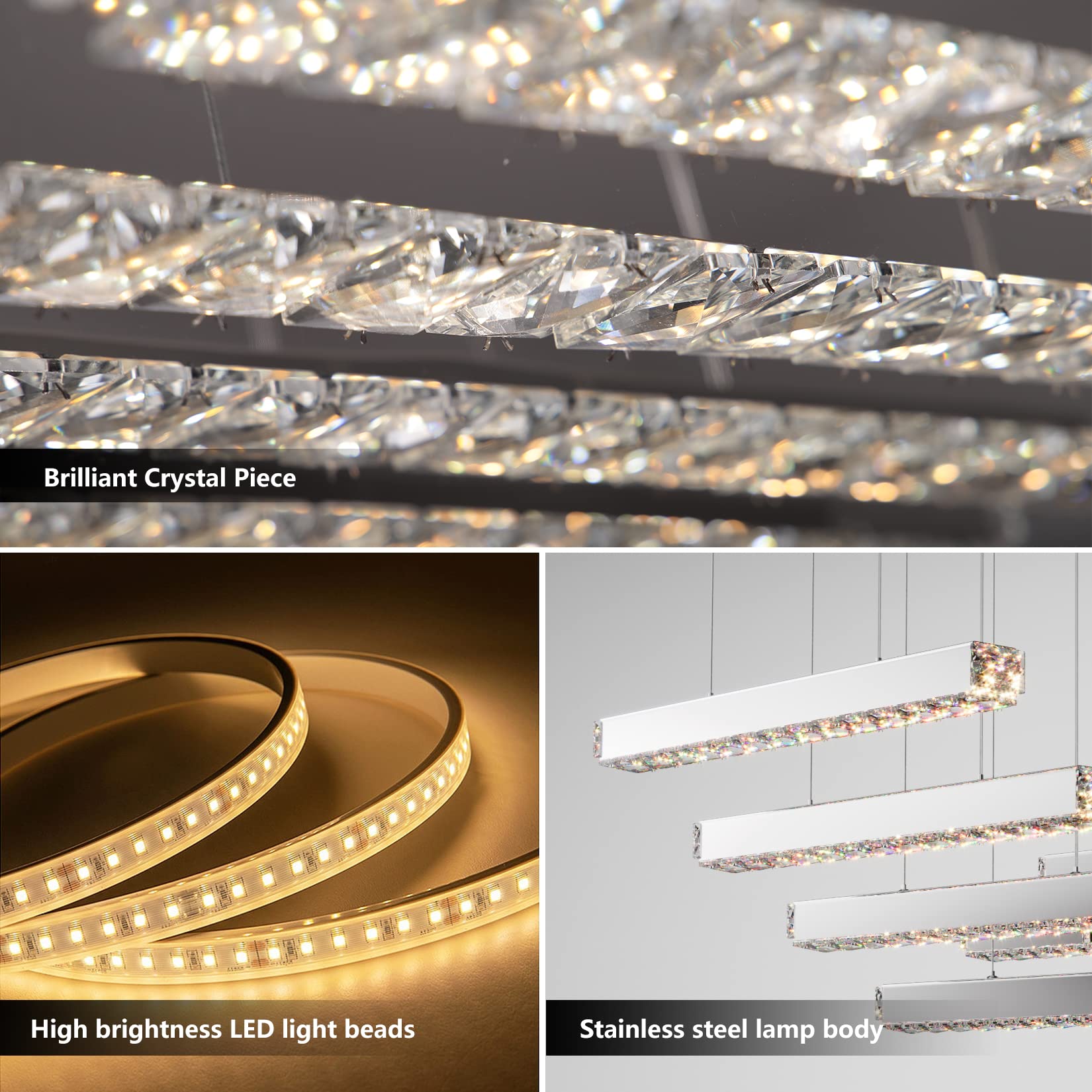Modern Linear Crystal Chandelier - Contemporary Luxury LED Ceiling Light Fixture with Clear Crystals for Dining Room, Bedroom & Living Room - Perfect Above Table Lighting for Elegant Home Decor