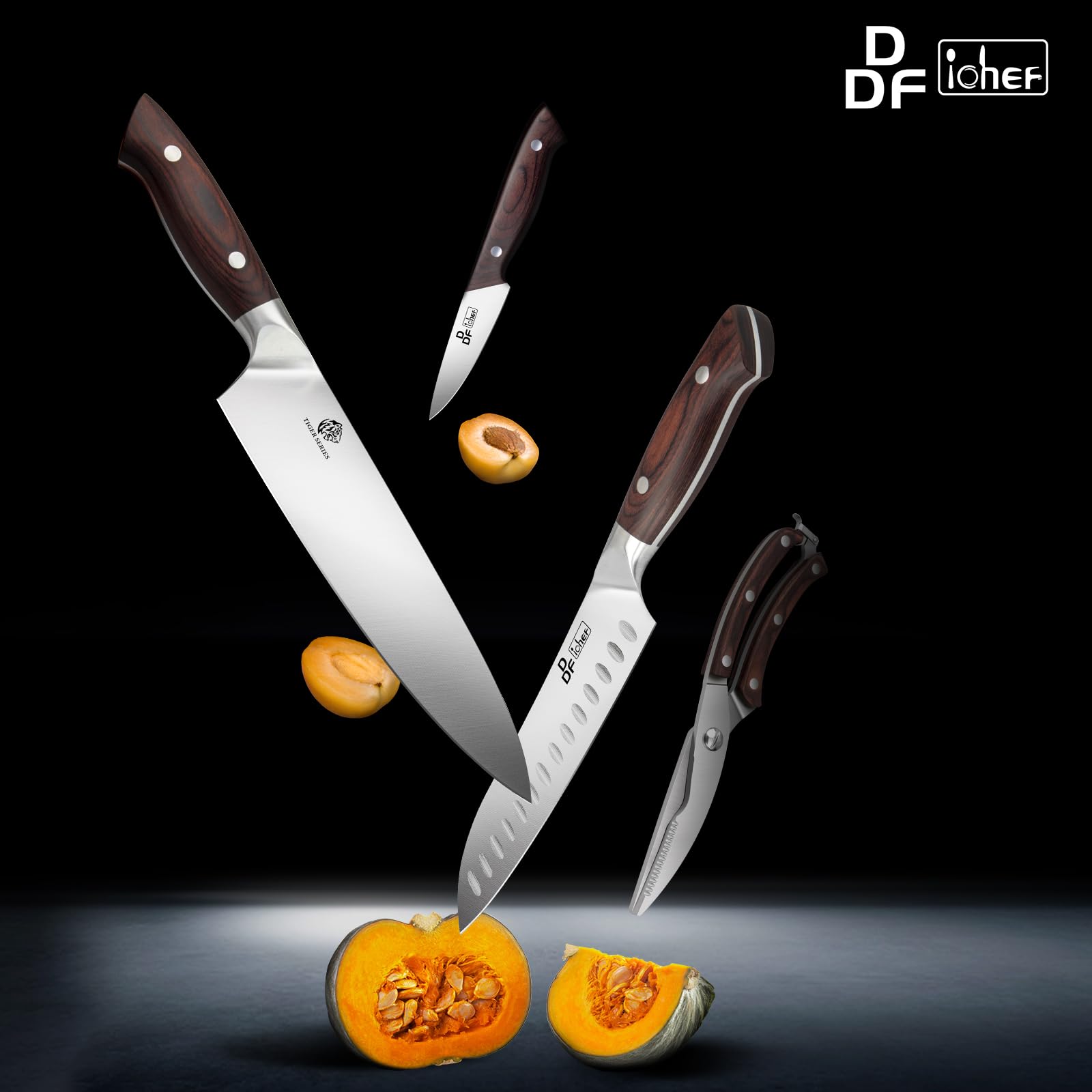 DDF iohEF 16-Piece Japanese Stainless Steel Kitchen Knife Set with Block & Sharpener - Ultra Sharp Professional Chef Knives with Ergonomic Handle for Meat, Vegetables & Fruits - Perfect for Home Cooking & Professional Kitchens