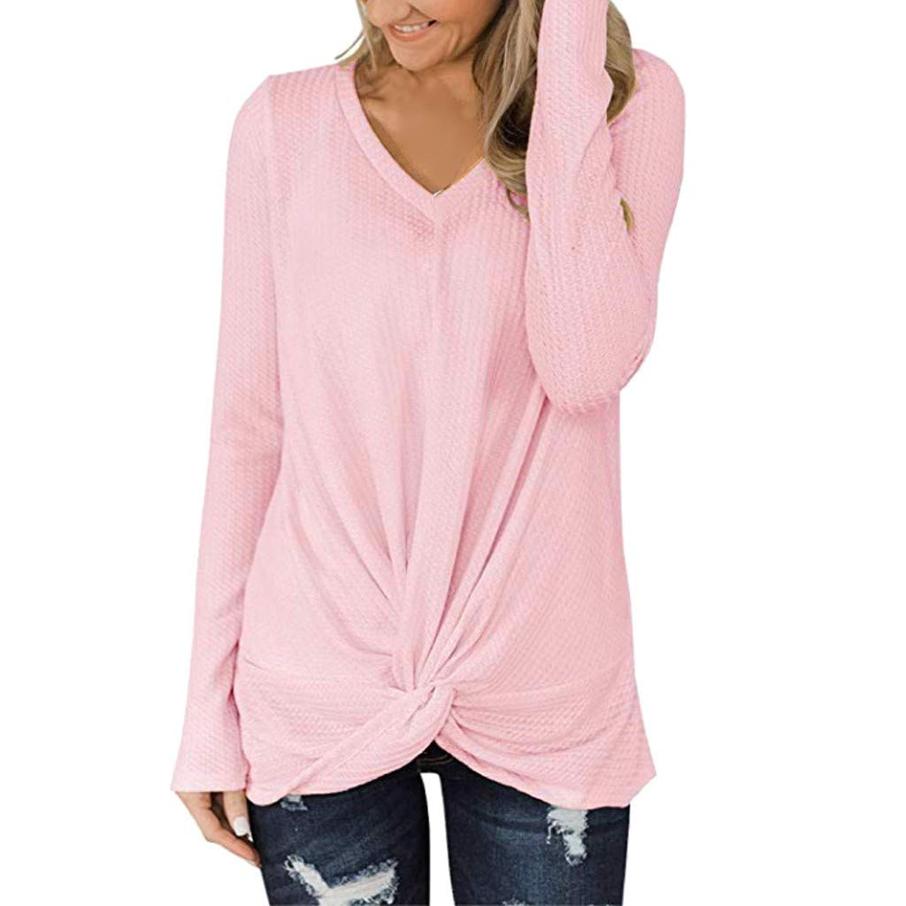 Plus Size Women's Casual Long Sleeve V-Neck Pullover Top - Cute Twist Knot Waffle Knit Tunic Shirt for Work, Date Night & Fall Layering