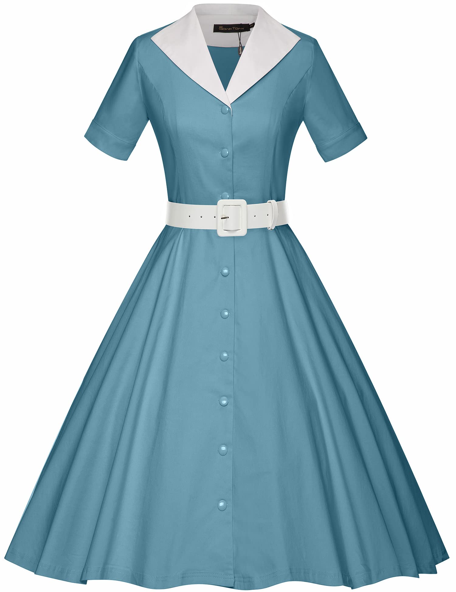 GownTown 1950s Vintage Women's Midi Shirt Dress - Elegant Cocktail Dress with Adjustable Belt for Party, Wedding & Special Occasions