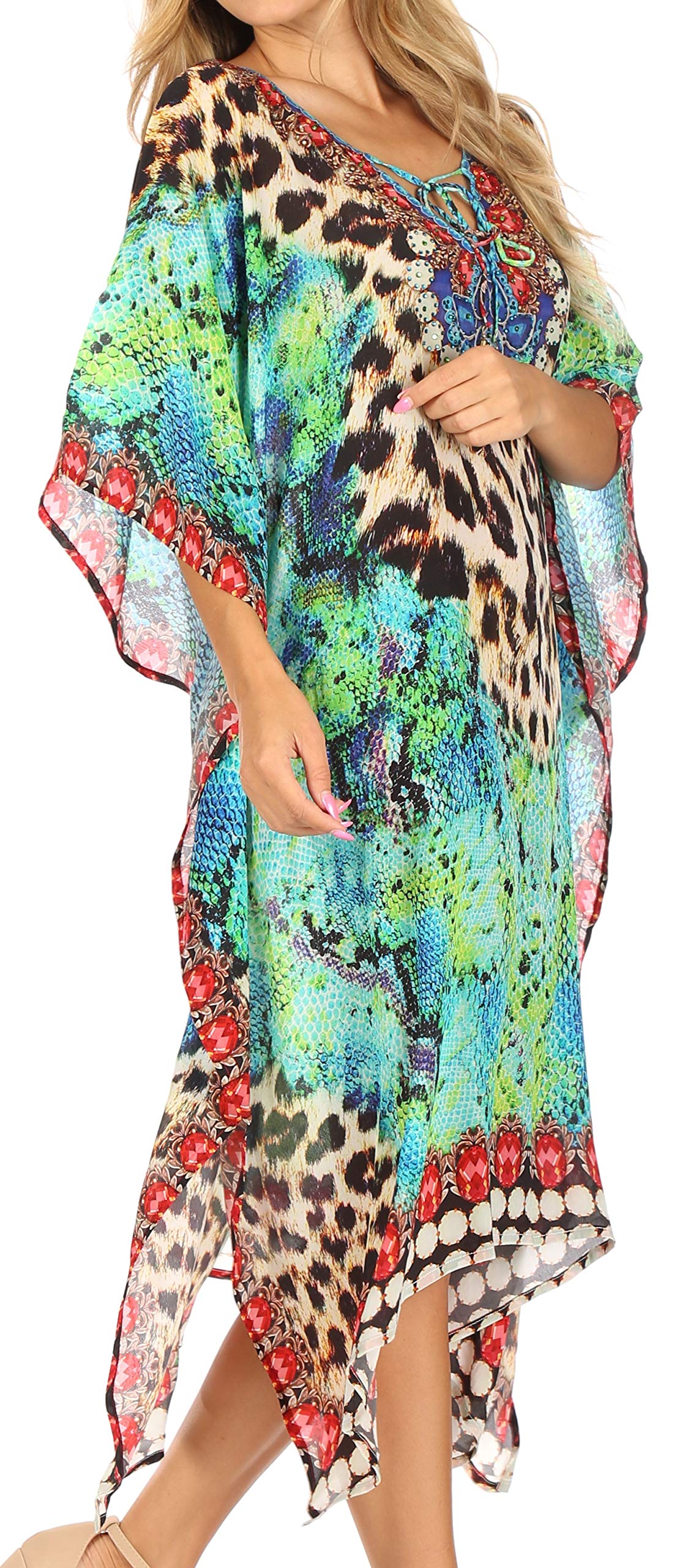 Sakkas Jenni Women's Boho Caftan Dress - Flowy Mid-Length Kaftan with Rhinestone Details for Beach Cover Up, Summer Vacation & Boho Fashion