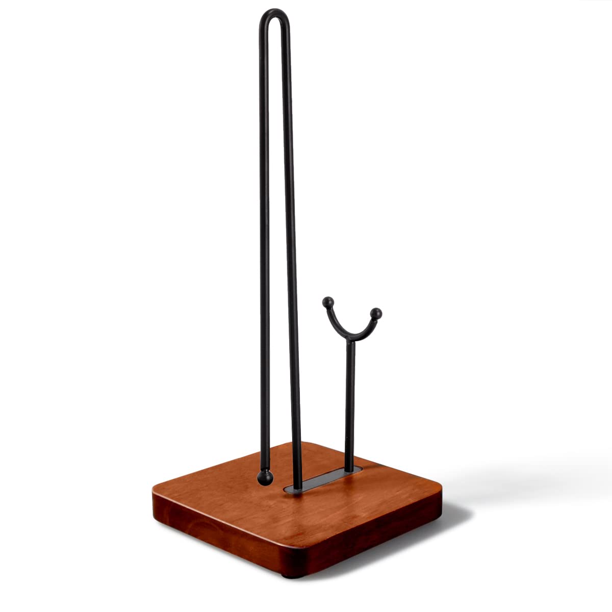 Rustic Farmhouse Wood Paper Towel Holder Stand with Black Iron Base - Freestanding Countertop Paper Towel Roll Holder for Kitchen & Dining Table Decor - Perfect for Farmhouse, Cottage, and Modern Home Styles