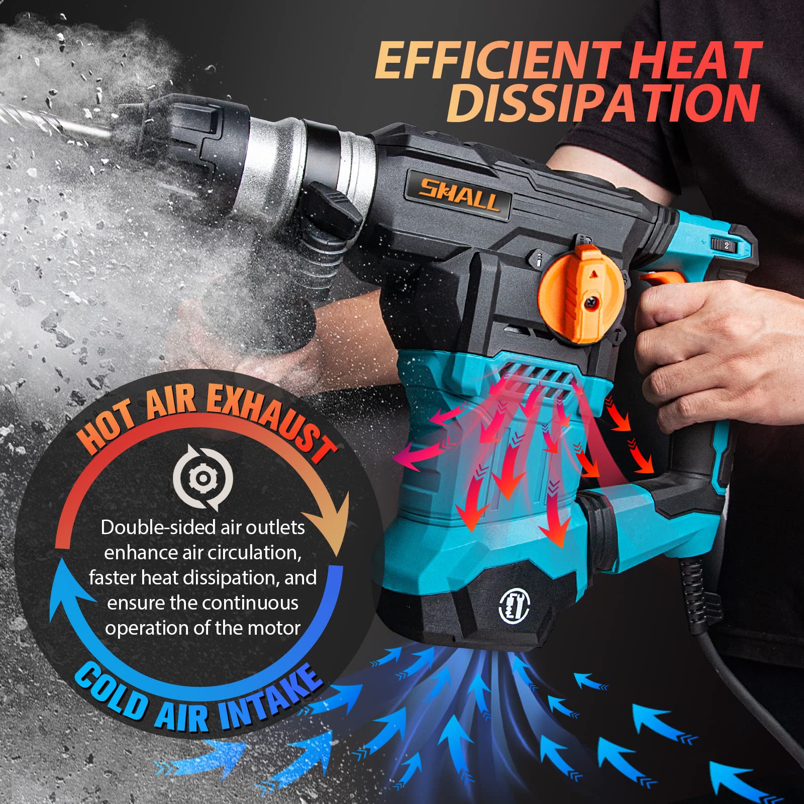 SHALL 1-1/4 Inch SDS Plus Rotary Hammer Drill - 1500W Heavy Duty Demolition Hammer with Speed Adjustment, 4 Functions & 3 Drill Bits - Includes Flat Chisel & Point Chisel (0-950 RPM) - Perfect for Concrete Drilling, Demolition Work & Masonry Projects