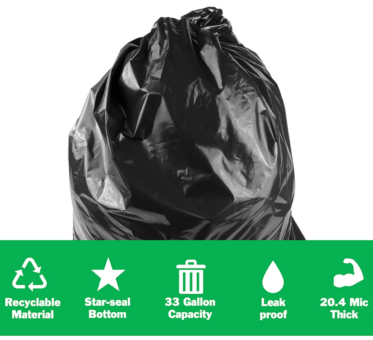 33 Gallon Trash Bags (250 Count Bulk) - 21 Micron Black Garbage Bags for 30-33 Gallon Trash Cans | Medium Duty Kitchen, Office & Bathroom Waste Bin Liners | Tear Resistant & Odor Control