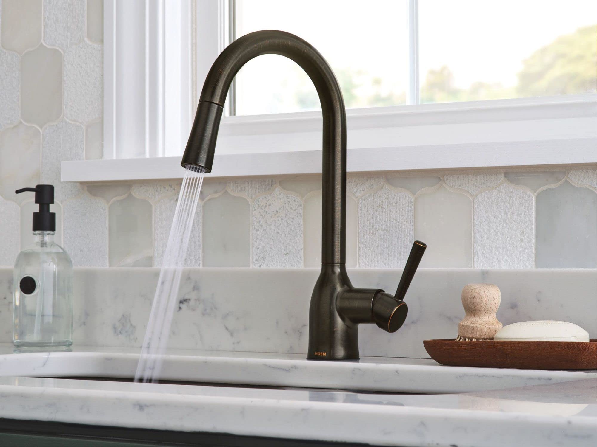 Moen Adler Bronze High Arc Kitchen Faucet with Pull Down Sprayer for Modern Kitchens