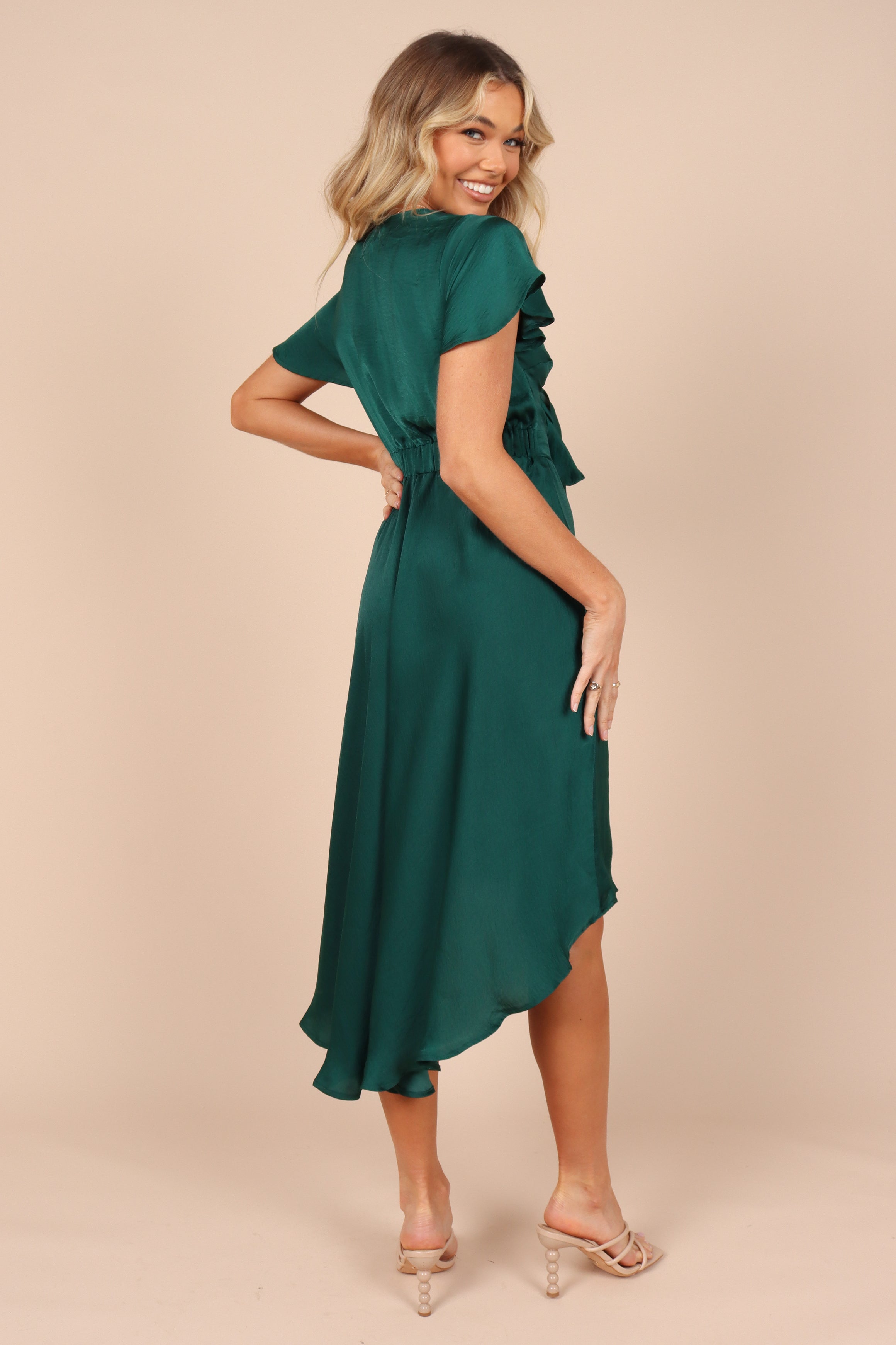 Amanda Hi-Lo Tie Front Dress - Emerald Green Flowy Midi Dress for Women | Perfect for Parties, Weddings & Date Nights