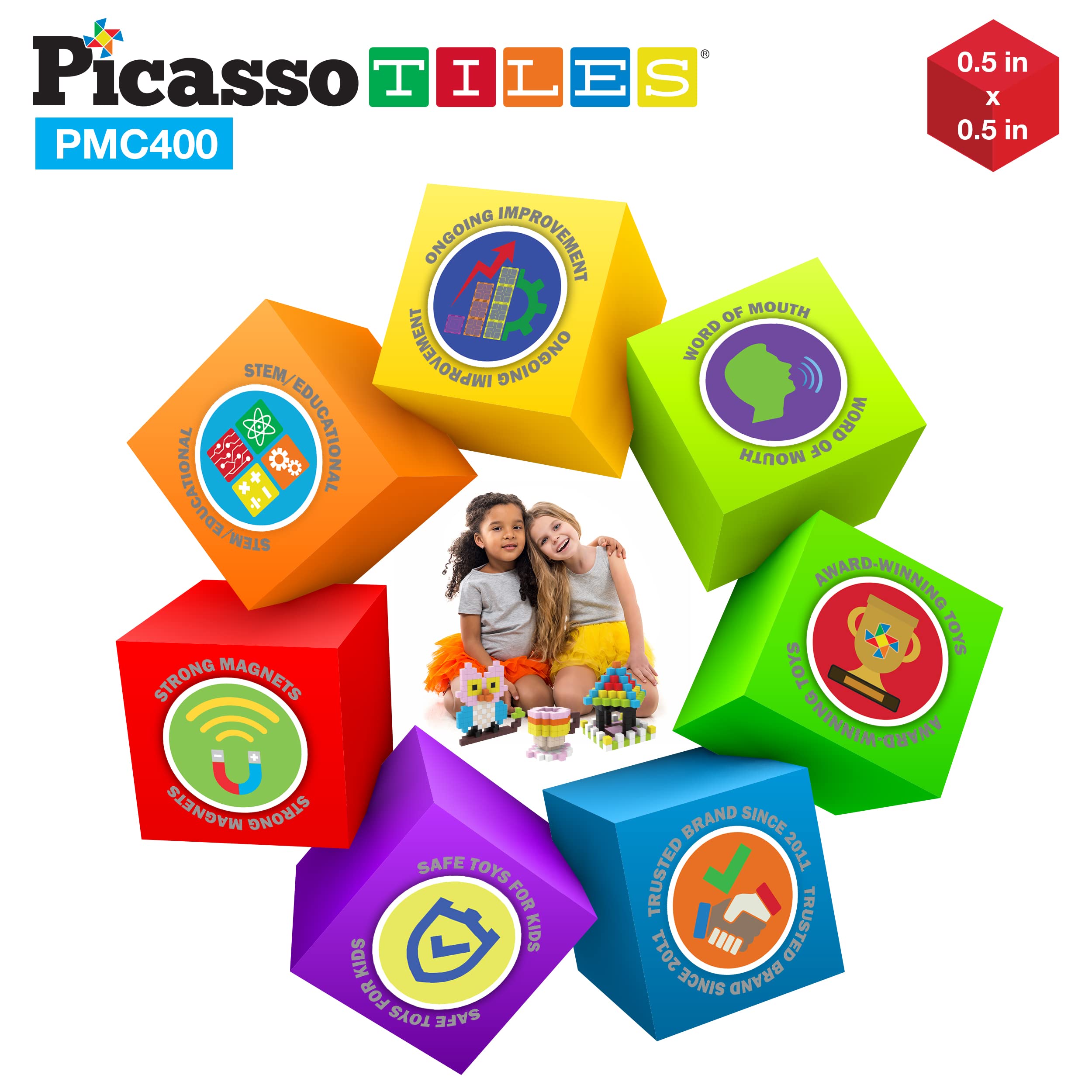 Picasso Cubes 0.5” Magnetic Building Blocks - 400 Piece STEM Educational Toy Set for Kids, Mix & Match Puzzle Cubes with Sensory Play, Creative Stacking Construction Kit (PMC400) - Perfect for Classroom Learning, Birthday Gifts & Family Bonding Activities