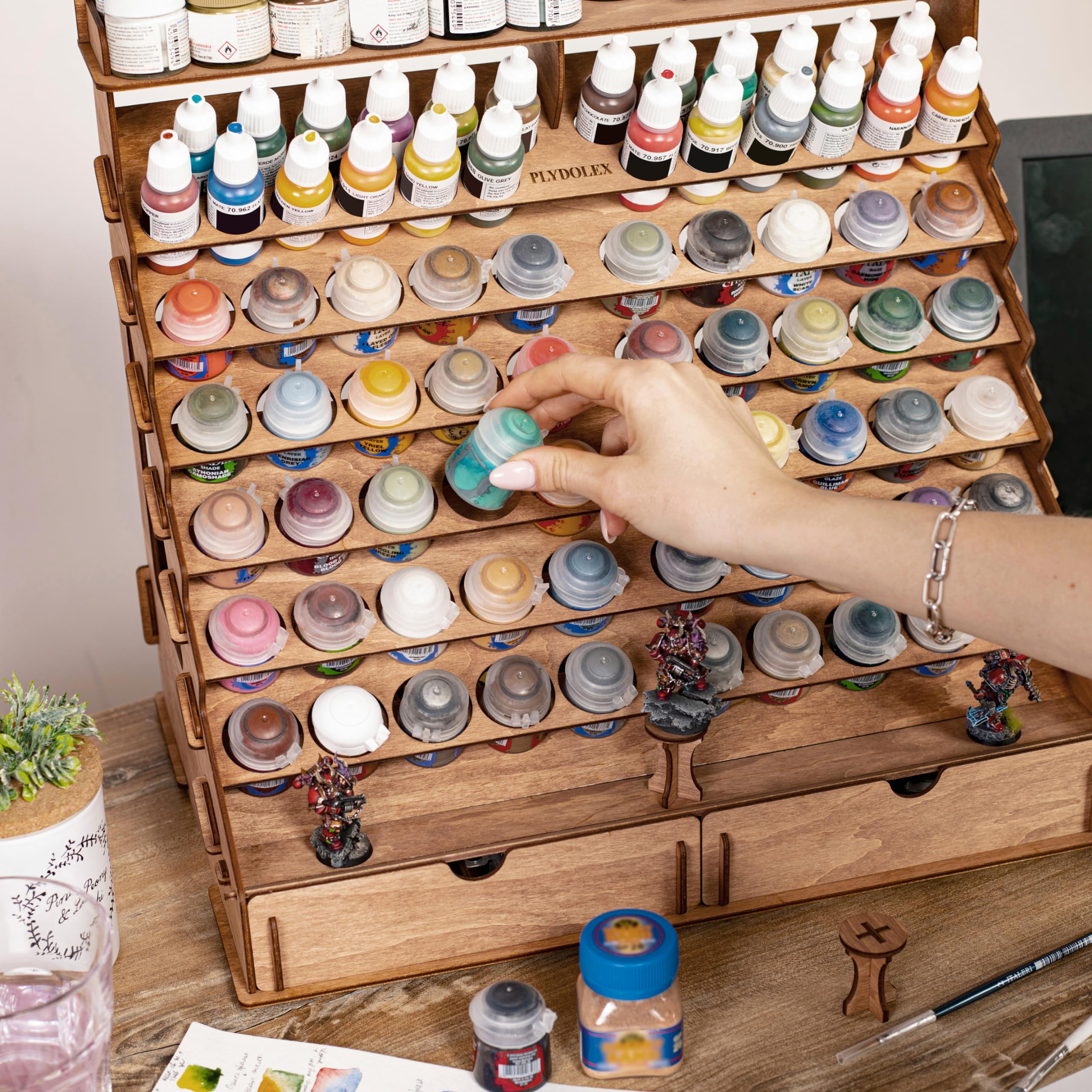 Wooden Paint Organizer for 74 Paint Bottles & 14 Brushes - 2 Art Tool Cabinets & 6 Miniature Holders - Perfect for Acrylic Paint Storage & Miniature Painting Organization - Craft Room & Hobby Studio Essential