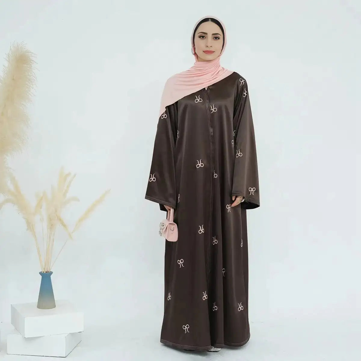 Elegant Open Abaya Dress with Bow Embroidery - Satin Cardigan for Women in Gray, Coffee & Black | Perfect for Prayer, Modest Fashion & Special Occasions