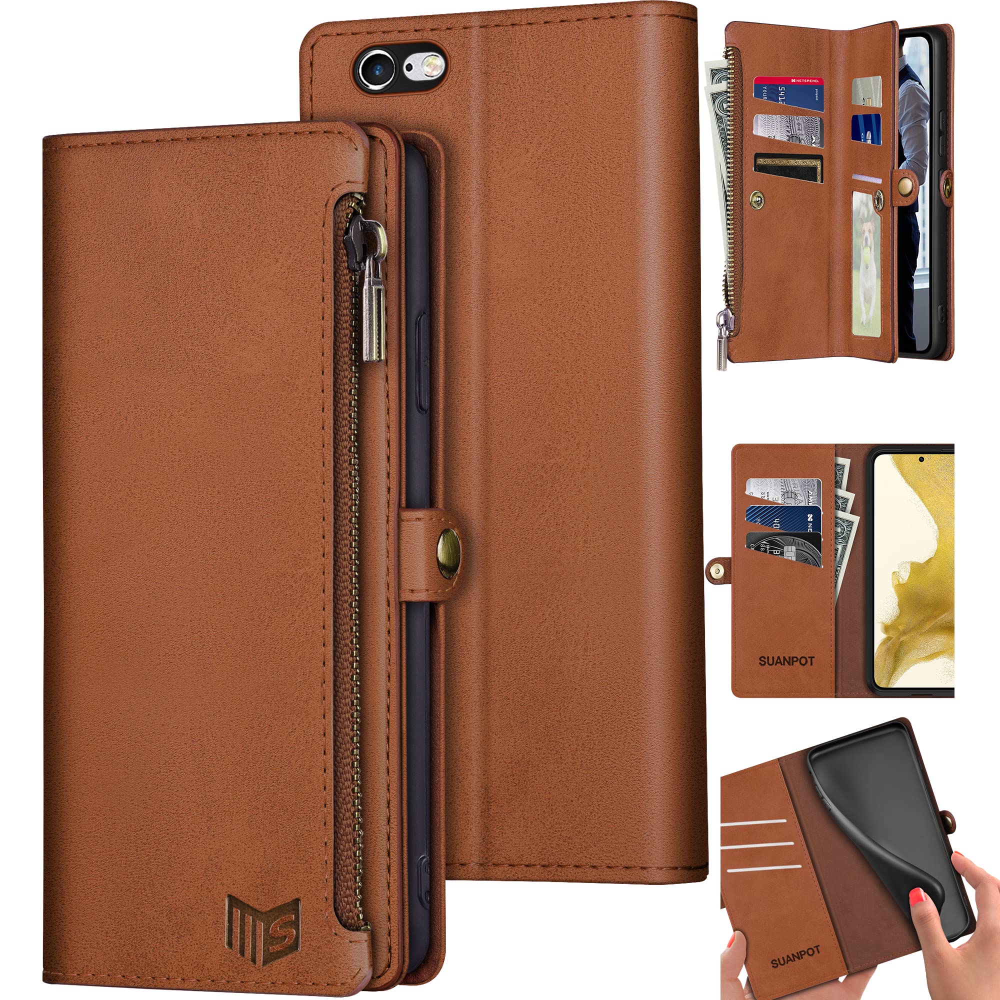 SUANPOT RFID Blocking Wallet Case for iPhone 6 Plus/6S Plus (5.5 Inch) - PU Leather Flip Folio Cover with 9 Card Slots & Cash Pocket - Shockproof Credit Card Holder for Women & Men - Perfect for Work, Travel and Daily Use (Light Brown)