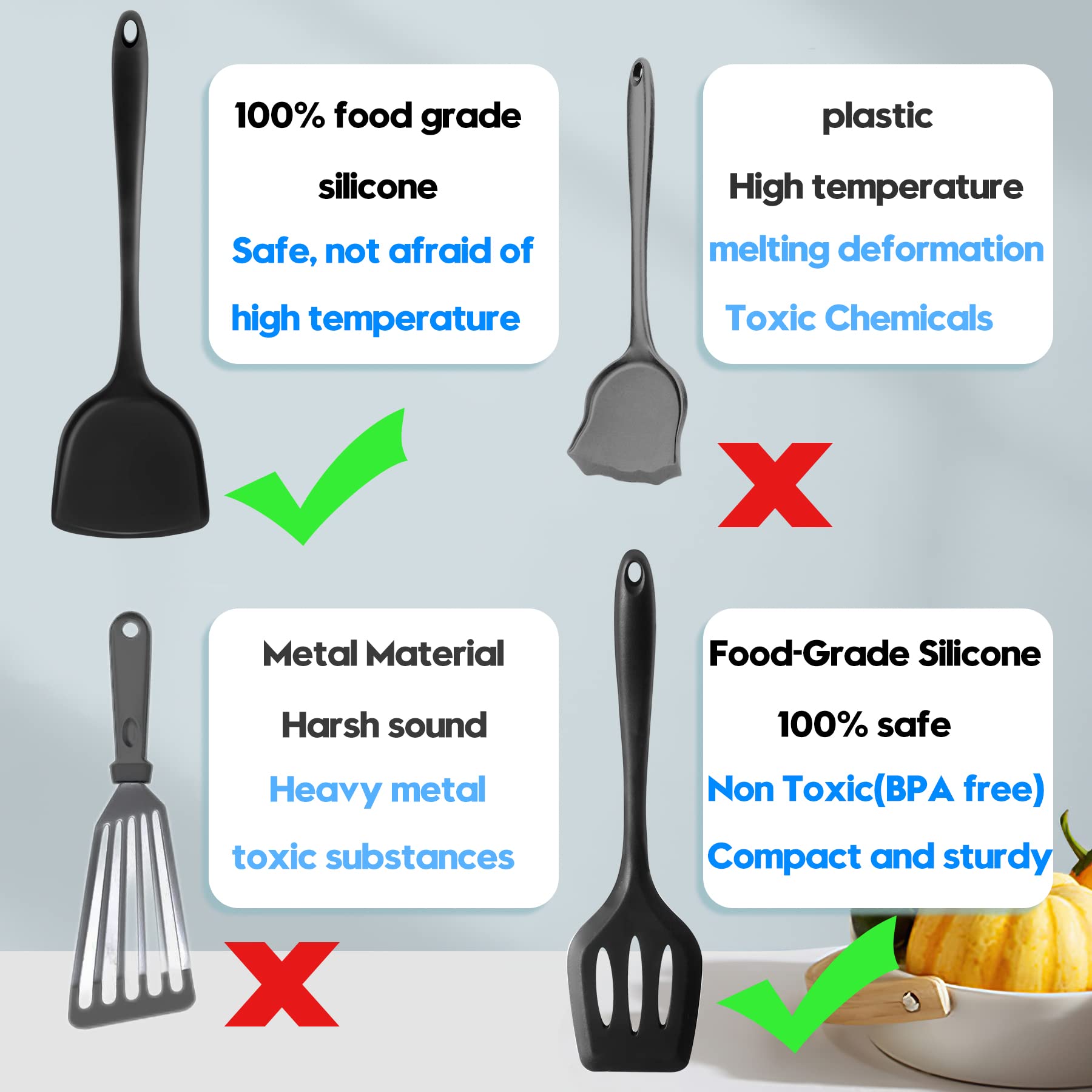FUKTSYSM 2-Piece Silicone Spatula Set - Heat Resistant Non-Stick Kitchen Utensils with Slotted Turner, Flexible Black Cooking Spatulas for Flipping Pancakes, Eggs & Grilled Cheese (Dishwasher Safe) - Perfect for Nonstick Pans, Baking & Sauteing