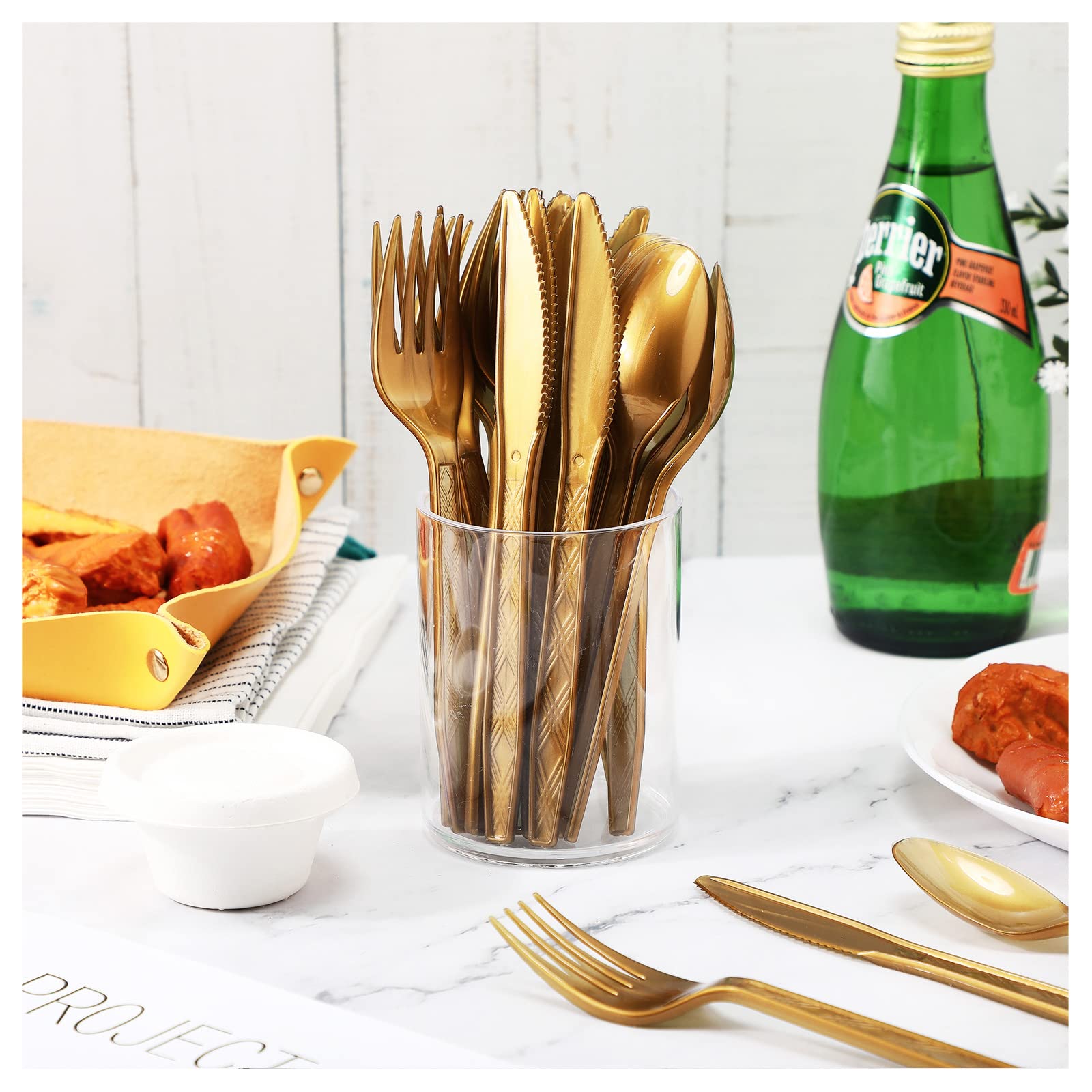 300-Piece Gold Plastic Cutlery Set - 100 Forks, 100 Spoons, 100 Knives - Elegant Disposable Silverware for Weddings, Birthdays & Parties - Perfect for Catering, Events & Special Occasions