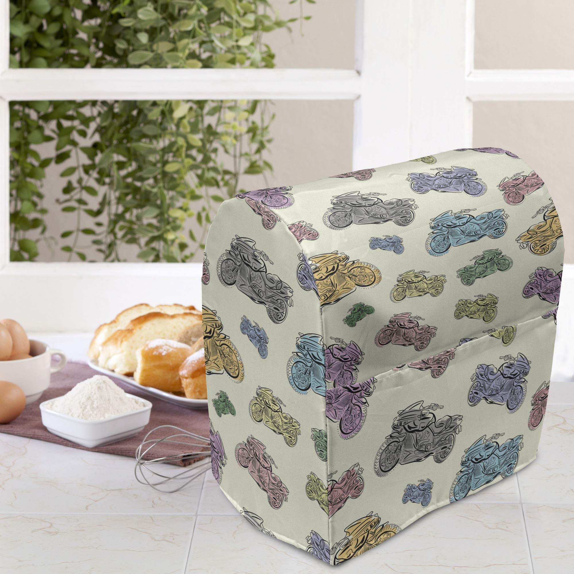 Ambesonne Motorcycle Stand Mixer Cover - Pastel Racing Motorcycle Sketch Cartoon Style, Large & Small Kitchen Appliance Organizer with Pocket (Fits 6-8 Quart Mixers) - Perfect for Kitchen Decor, Motorcycle Enthusiasts & Gift Giving