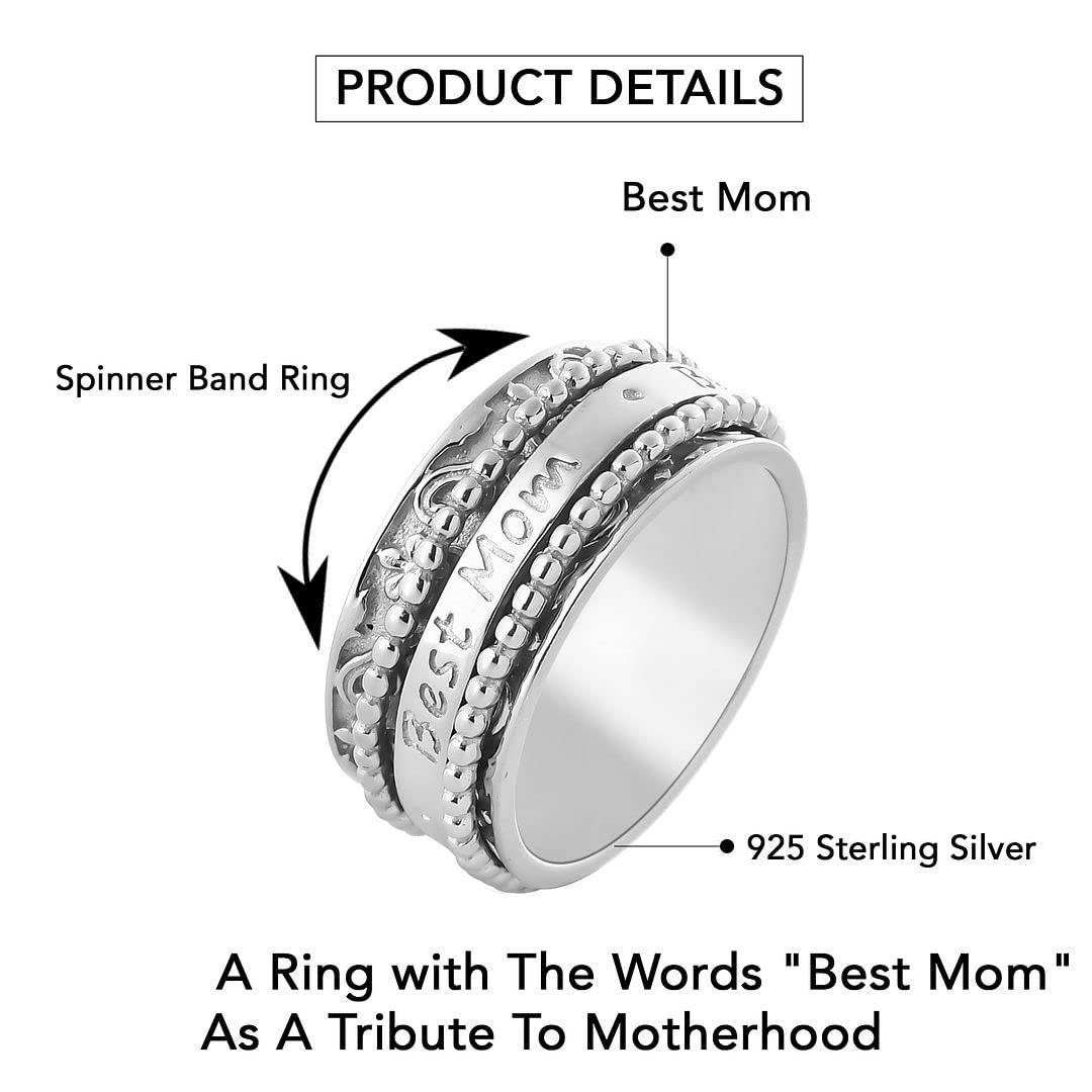 925 Sterling Silver Mom Spinner Ring for Women - Adjustable Spinning Band, Elegant Jewelry Gift for Mother's Day, Birthday, Anniversary | Perfect for Everyday Wear, Special Occasions & Gift Giving