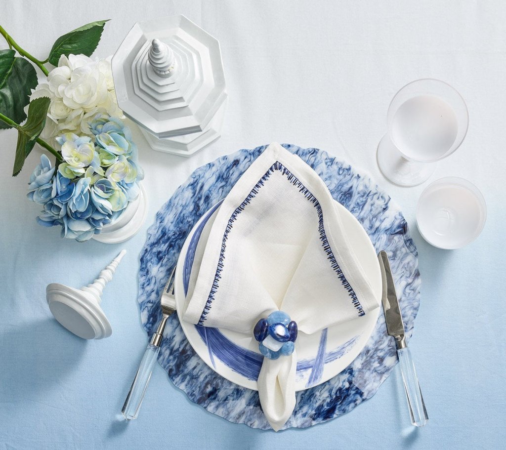 Premium White & Navy Waves Placemats Set of 4 - Waterproof & Non-Slip Dining Table Mats for Beach House, Coastal Decor, and Summer Entertaining