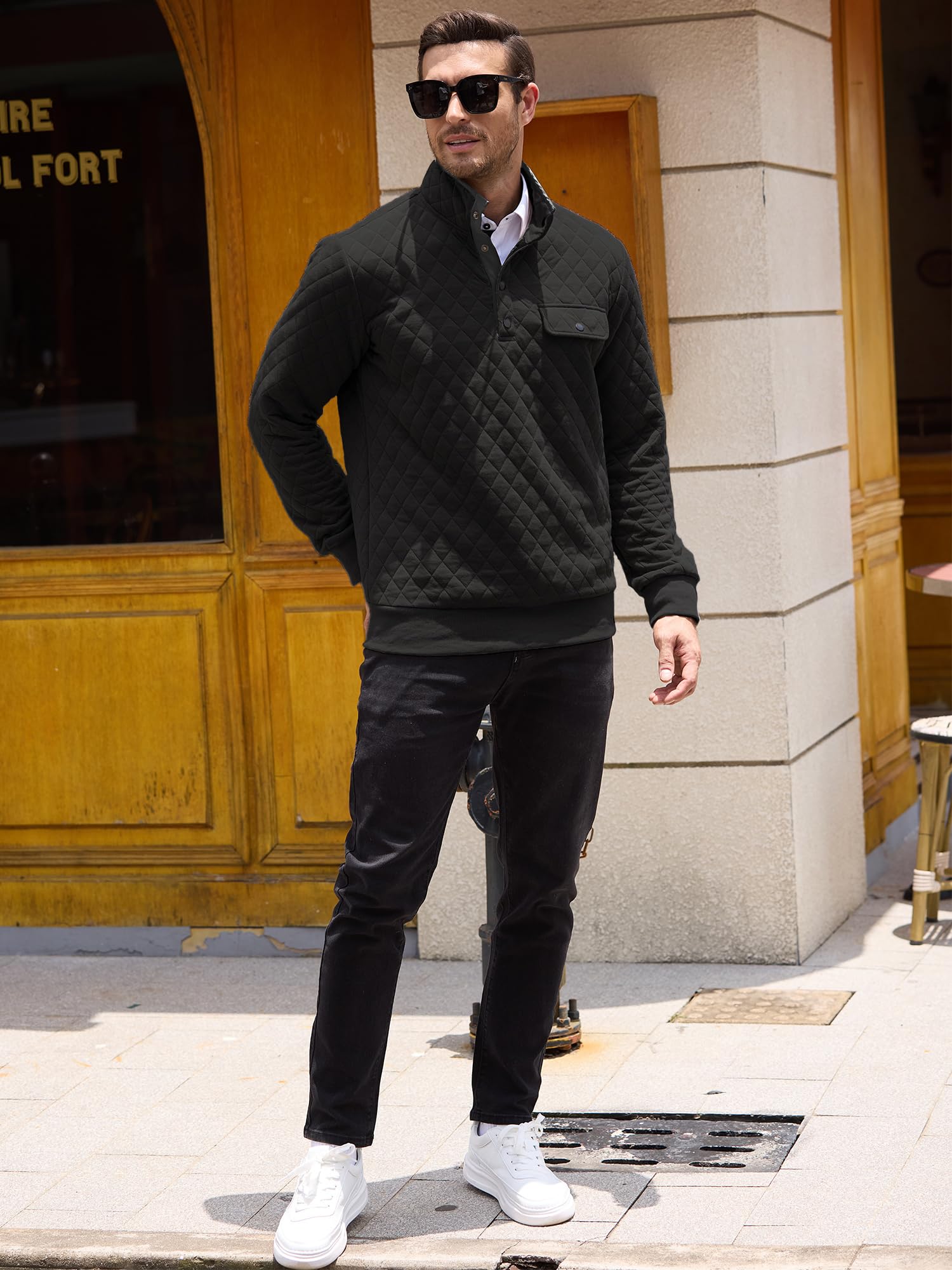 PLEPAN Men's Quilted Long Sleeve Button-Up Sweatshirt - Casual Stand Collar Pullover for Fall & Winter - Perfect for Outdoor Activities, Work & Daily Wear