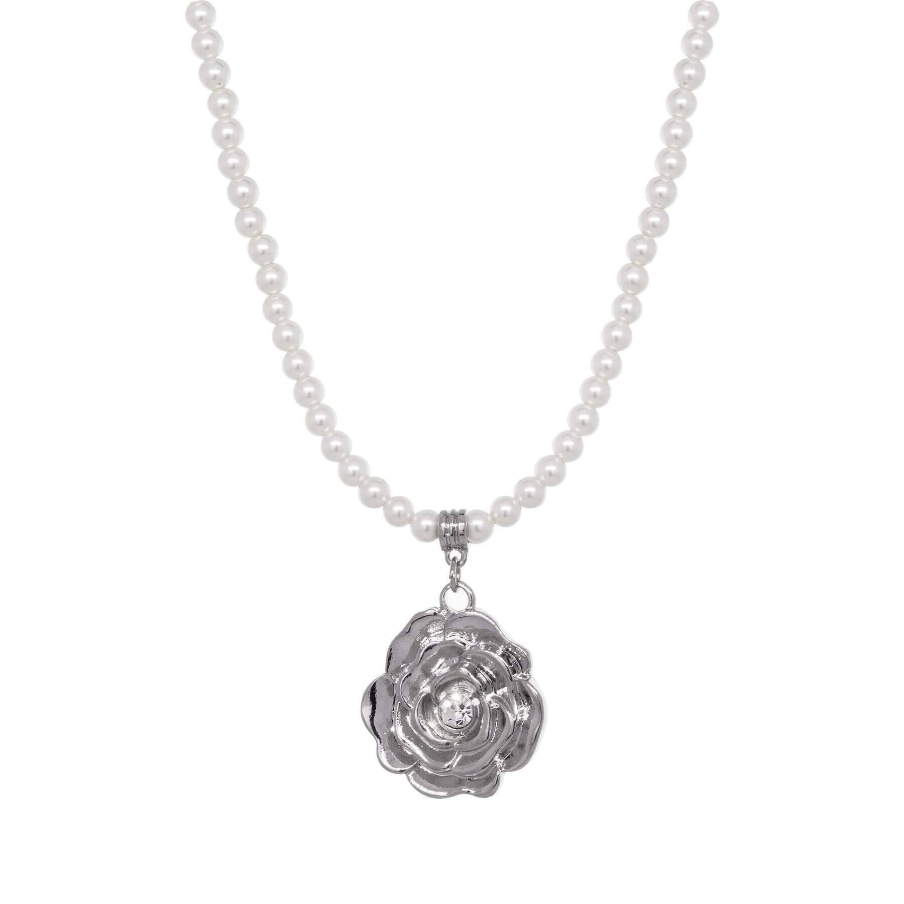 1928 Jewelry 4mm Faux Pearl Strand with Flower Crystal Pendant Necklace - 15