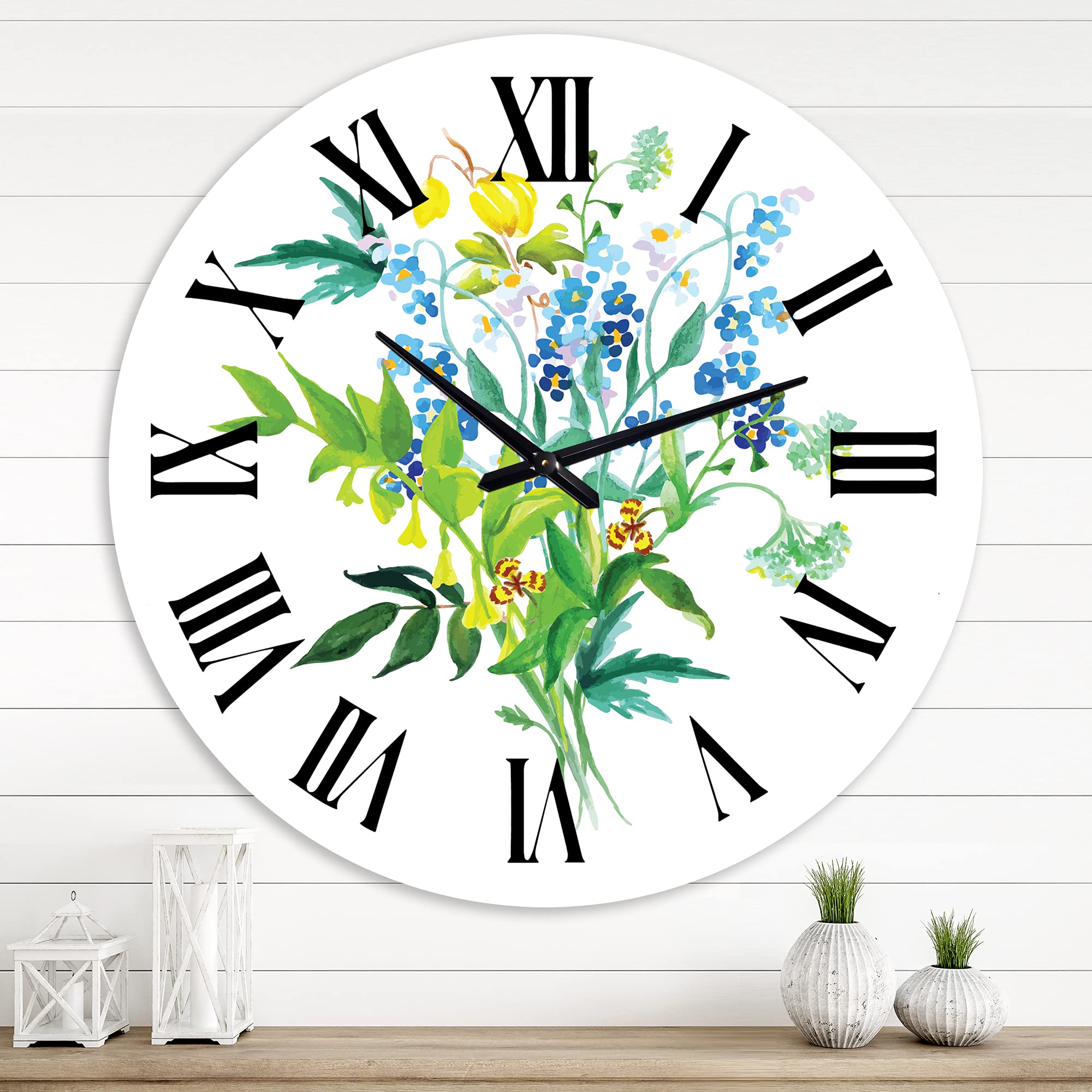 Farmhouse Wall Clock with Meadow Flowers Garland - Large Floral Botanical Wall Clock for Kitchen, Living Room, and Bedroom Decor | Perfect Rustic Home Decor Gift