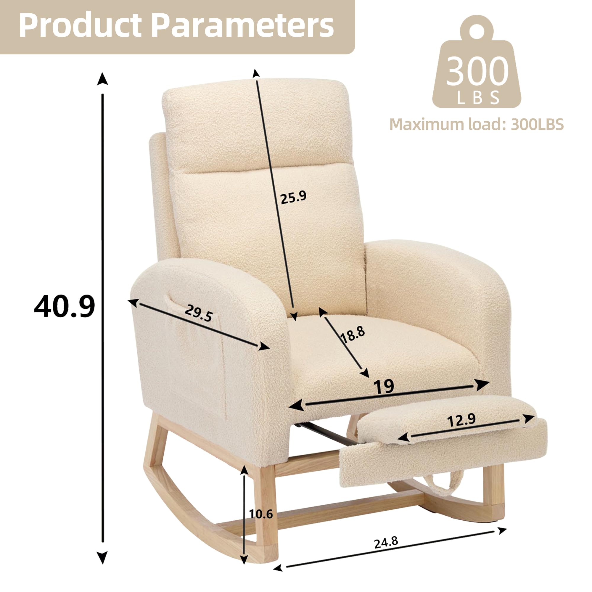 Teddy Upholstered Nursery Rocking Chair with Footrest - Solid Wood Glider Rocker with Side Pockets - Comfortable Armchair for Baby Nursery, Living Room, Bedroom & Lounge (Beige) - Perfect for Breastfeeding, Reading & Relaxing