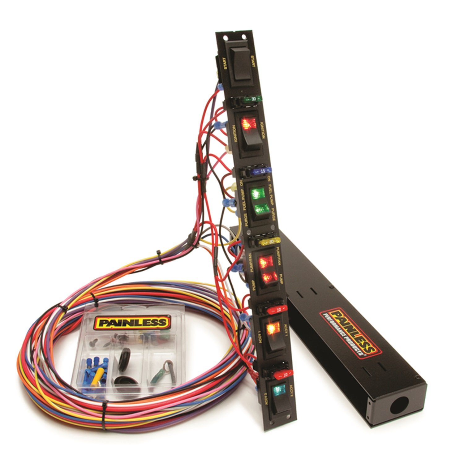 Painless Performance 50506 Dragster Vertical Fused 6-Switch Panel with Lighted Rocker Switches - Perfect for Hot Rods, Race Cars & Custom Automotive Wiring Projects