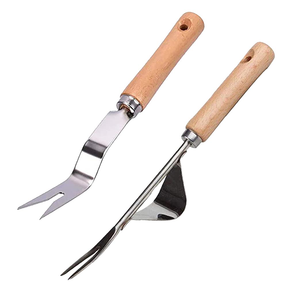 LUOZZY 2 Pack Wooden Handle Weeding Tools - Heavy Duty Garden Weed Puller for Efficient Weed Removal - Perfect for Home Garden, Yard, and Lawn Maintenance