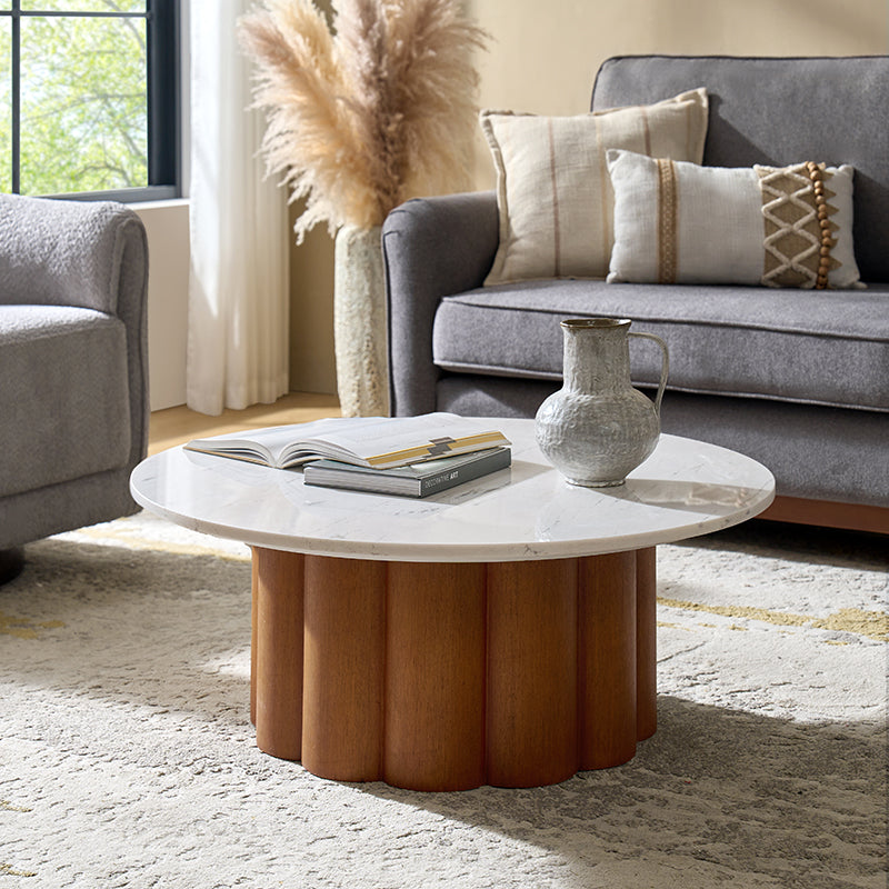 Kemina Modern Marble Coffee Table - Round White Marble Top Living Room Furniture for Home Decor & Small Spaces