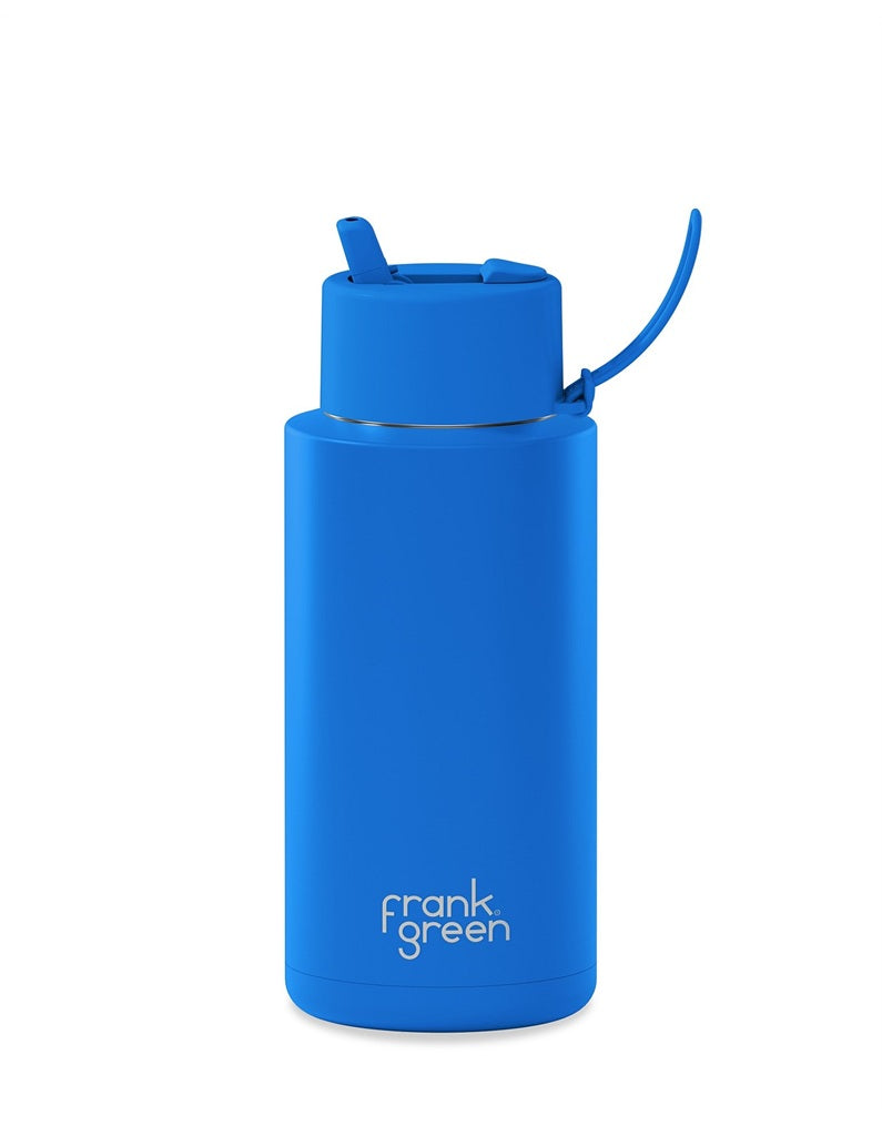 Frank Green Ceramic 34oz Reusable Water Bottle with Straw - Blue Lagoon Color | Insulated Stainless Steel Travel Mug for Gym, Office & Outdoor Activities