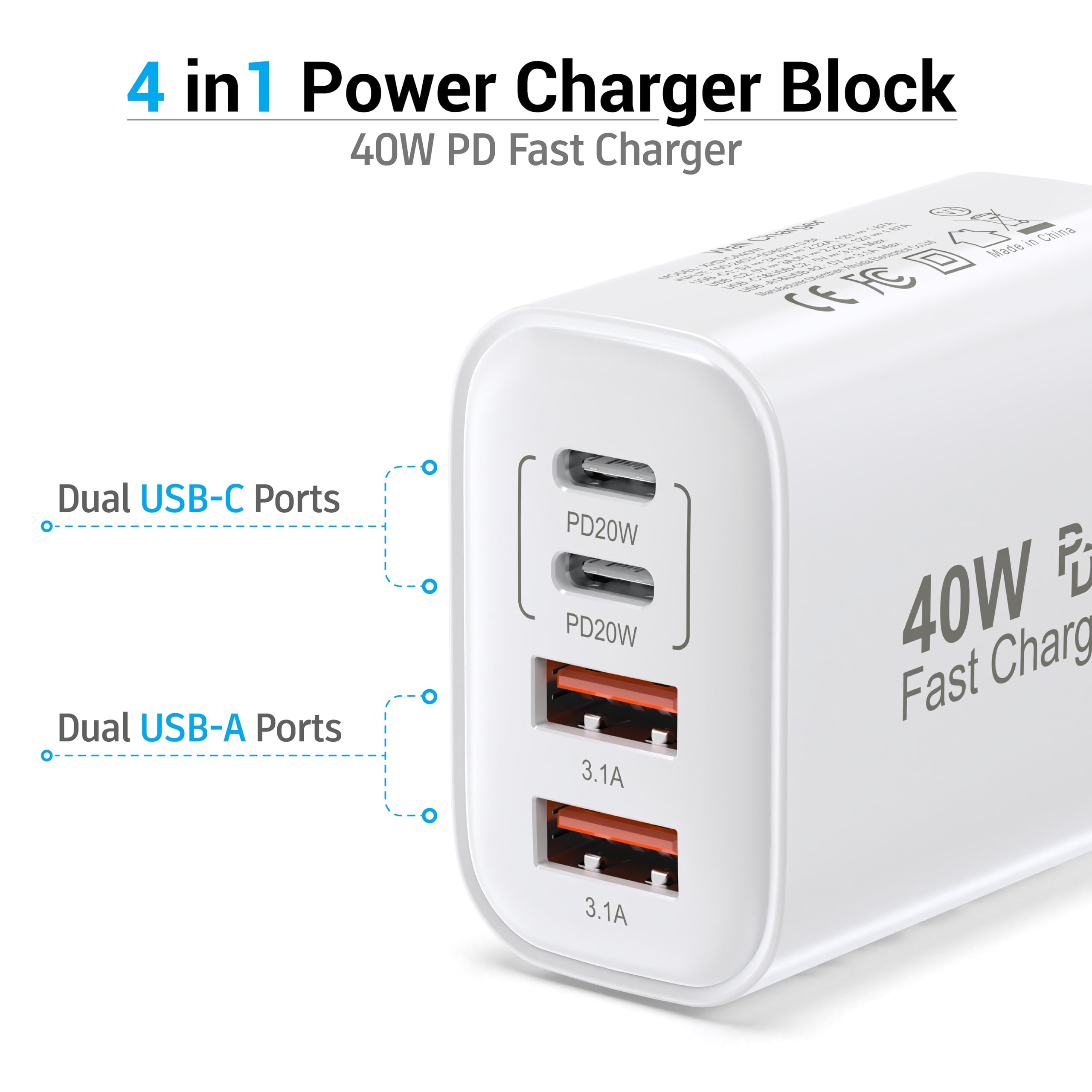 40W 4-Port USB C Wall Charger with PD & QC Fast Charging - Multi Port Power Adapter for iPhone 16/15/14/13/12/11/Pro Max/X/Xr/Xs/8/7, Apple Watch & Samsung Galaxy Phones (White) - Perfect for Home, Office & Travel Charging