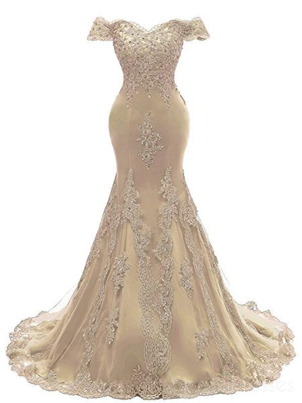Elegant Off Shoulder Gold Lace Mermaid Evening Gown - Formal Prom Dress for Women | Perfect for Weddings, Galas & Special Occasions