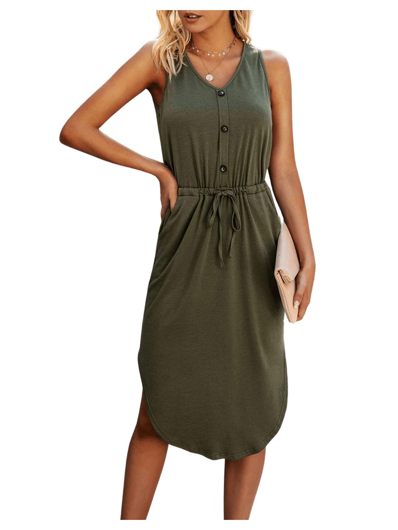 SweatyRocks Women's Sleeveless Summer Midi Dress with Adjustable Waist & Pockets - Casual Flowy Dress for Beach, Party & Office Wear