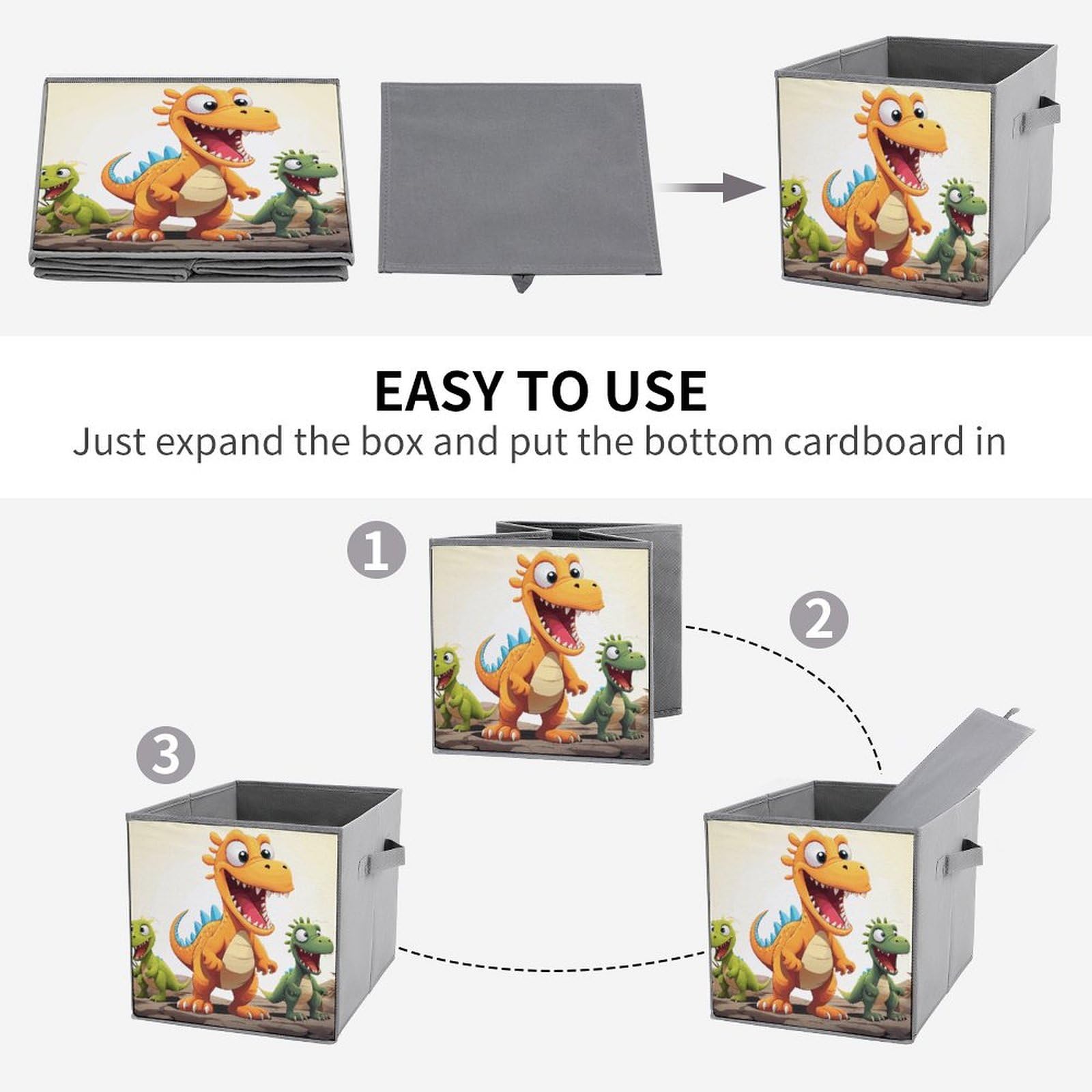 2PCS Foldable Storage Bins with Cartoon Dinosaur Print - Large Capacity Storage Boxes with Handles for Playroom, Office & Home Organization - Perfect for Kids' Toys, Books & Clutter Control