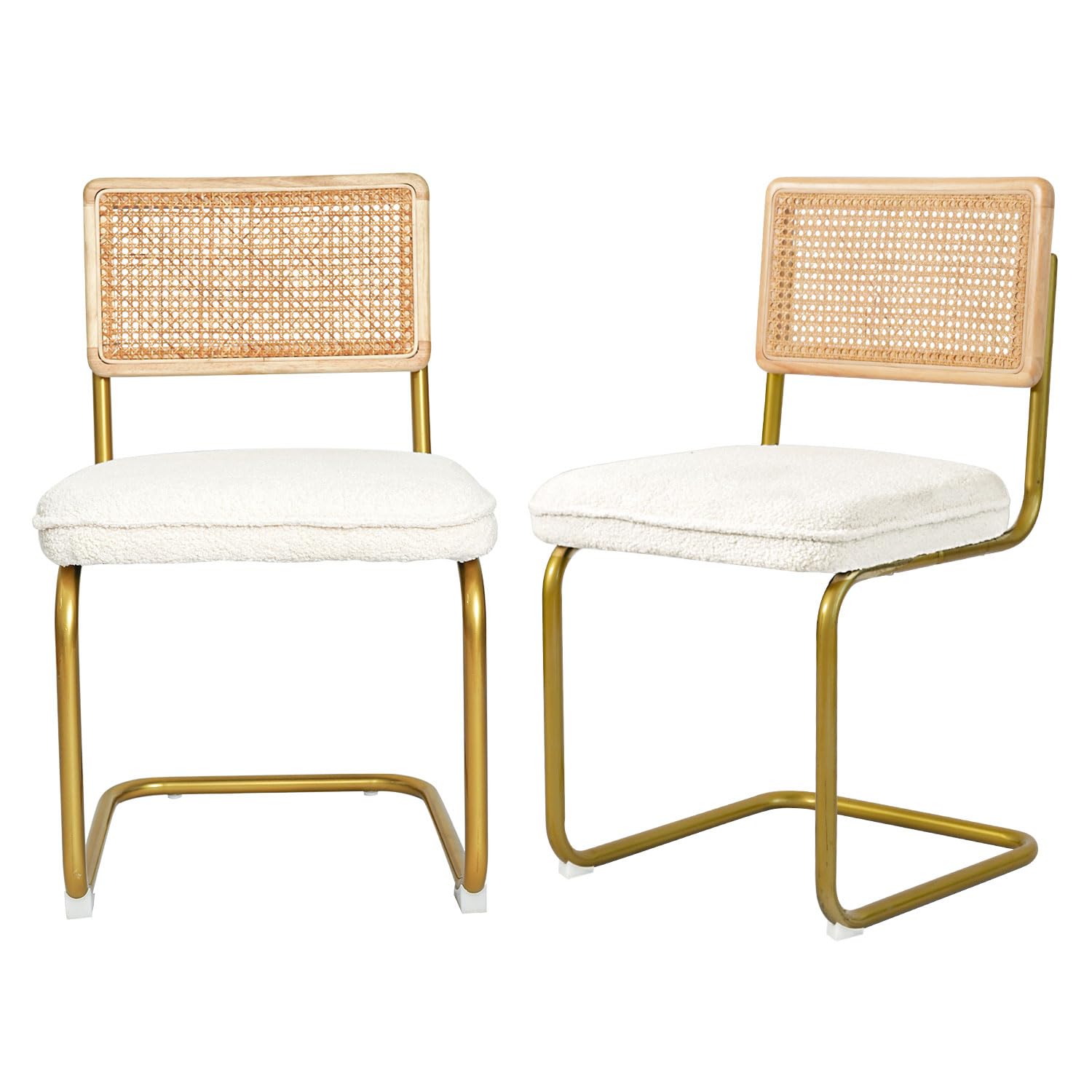 Modern Rattan Dining Chairs Set of 2 - Natural Woven Backrest & Sturdy Metal Legs, Comfortable Fleece Upholstered Armless Side Chairs for Kitchen, Living Room, Study, Office - Cream | Perfect for Home Dining, Coffee Shops, and Cozy Reading Nooks