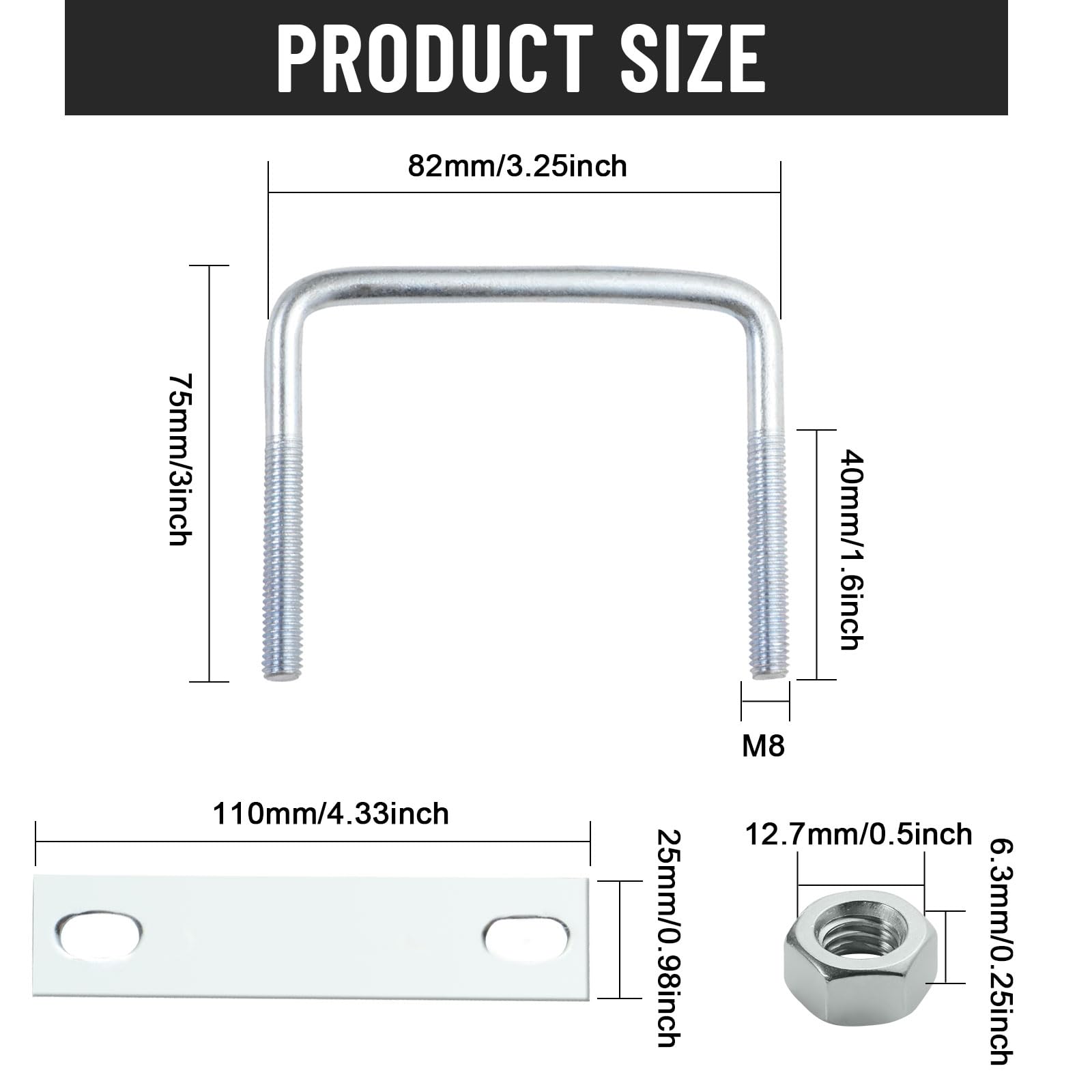 Polifish 6 Pack M8 x 82 x 75mm Zinc Plated Steel Square U-Bolts with Nuts & Washers - Heavy Duty U-Bolt Clamps for Auto, Trailer, Boat, RV, and Truck Tie Down Applications (Secure Cargo, Axles, and Suspension Systems)