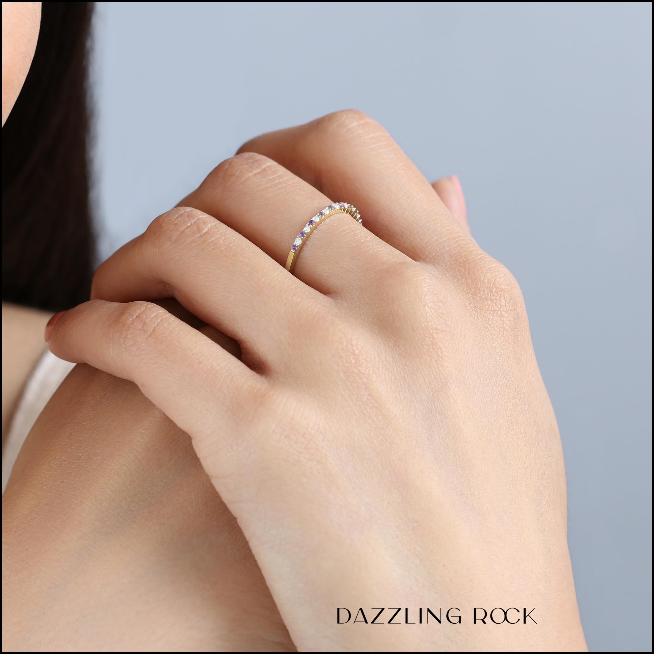 Dazzlingrock 14K Solid Gold Round Amethyst & White Diamond Stackable Wedding Band for Women - Anniversary, Engagement, Promise Ring - Perfect for Bridal Jewelry, Gift Giving & Special Occasions