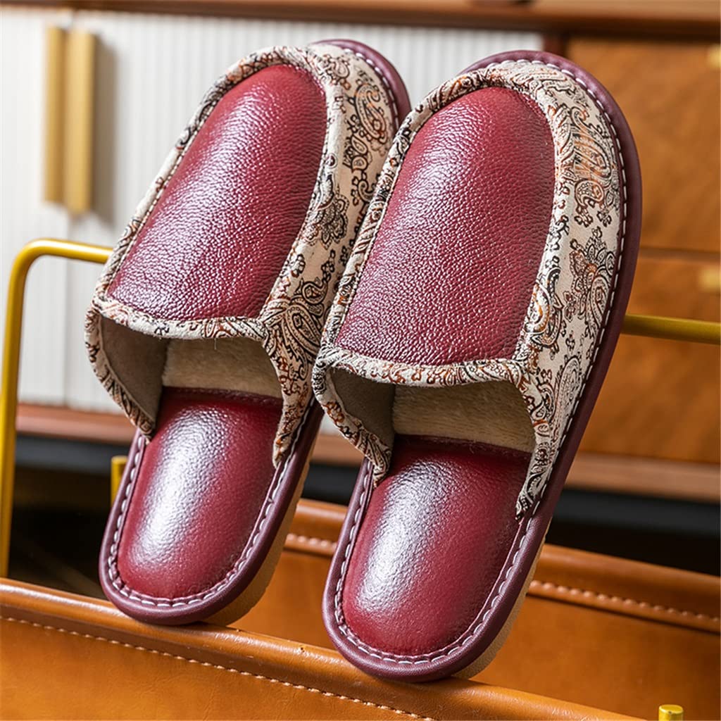 EKDSPW Women's Casual Leather Slippers - Non-Slip Warm Indoor House Shoes for Autumn & Winter - Red Color, Size 35/36 - Perfect for Home, Lounge & Relaxation