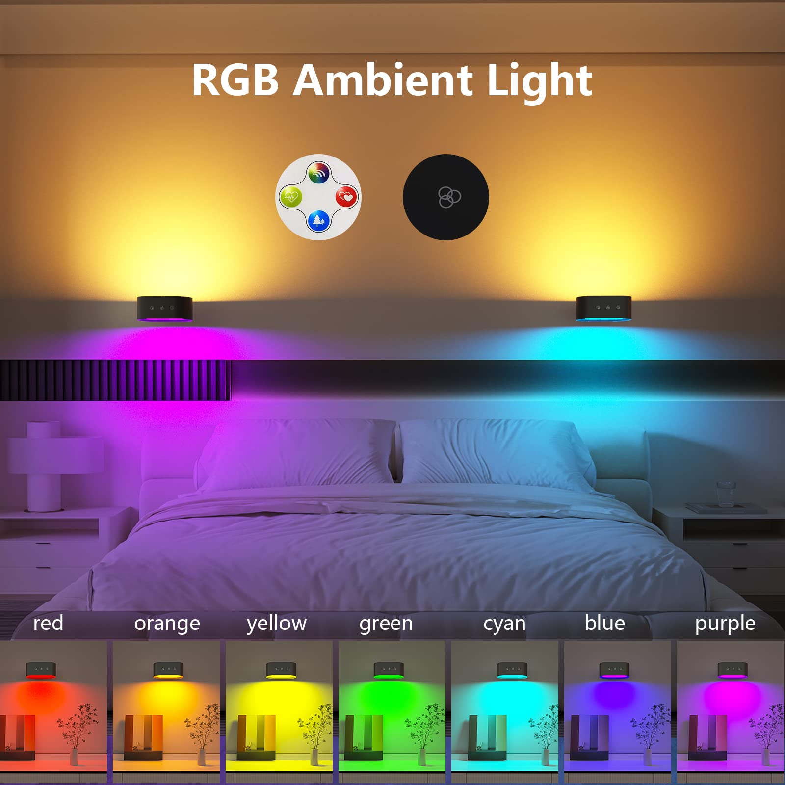 Battery Operated Wall Sconces - RGB Color Changing LED Wall Lights with 3 Temperature Settings, Dimmable Rechargeable Ambient Lighting for Bedroom, Living Room, and Reading Nook Decor
