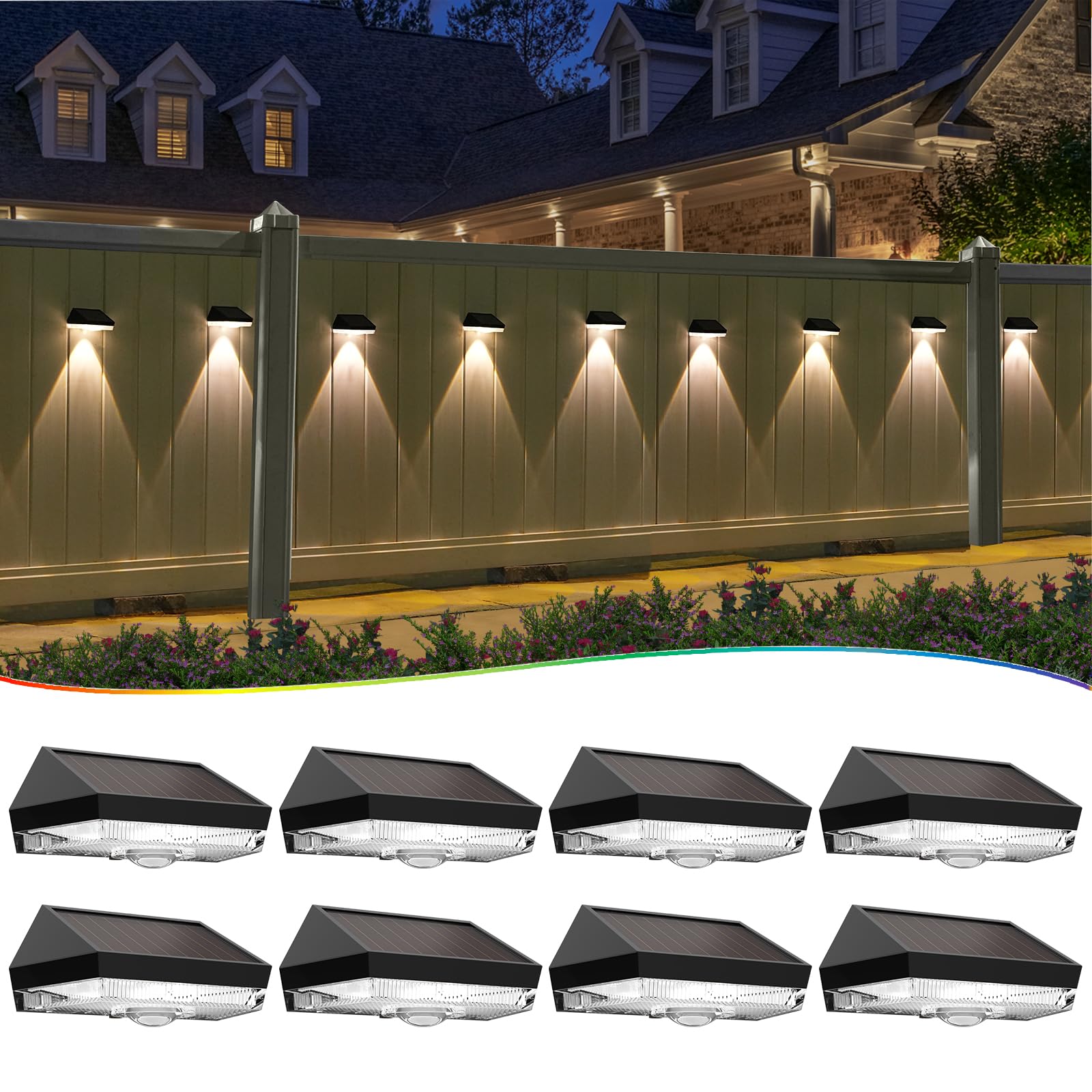 8 Pack Solar Fence Lights Outdoor Waterproof IP65 - Warm White & 10 RGB Color Changing LED Lights for Backyard, Garden, Deck, Stairs - Weatherproof Landscape Lighting for Patio, Pathway, Yard Decor