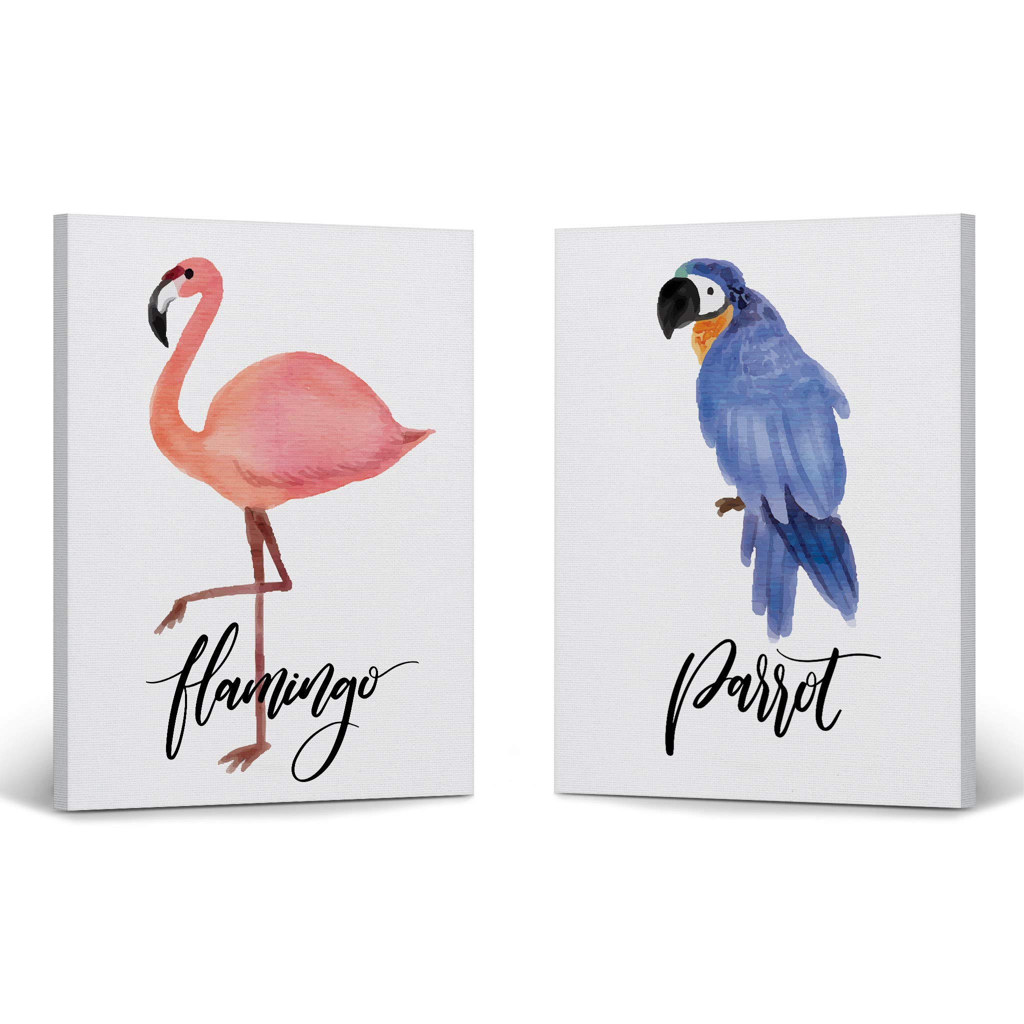 2-Piece Flamingo & Parrot Watercolor Canvas Prints Set - Cute Kids Room Wall Art Decor for Boys & Girls - Ready to Hang Nursery Decor - Made in USA (22x15 inches) - Perfect for Baby Rooms, Playrooms & Nursery Wall Decor