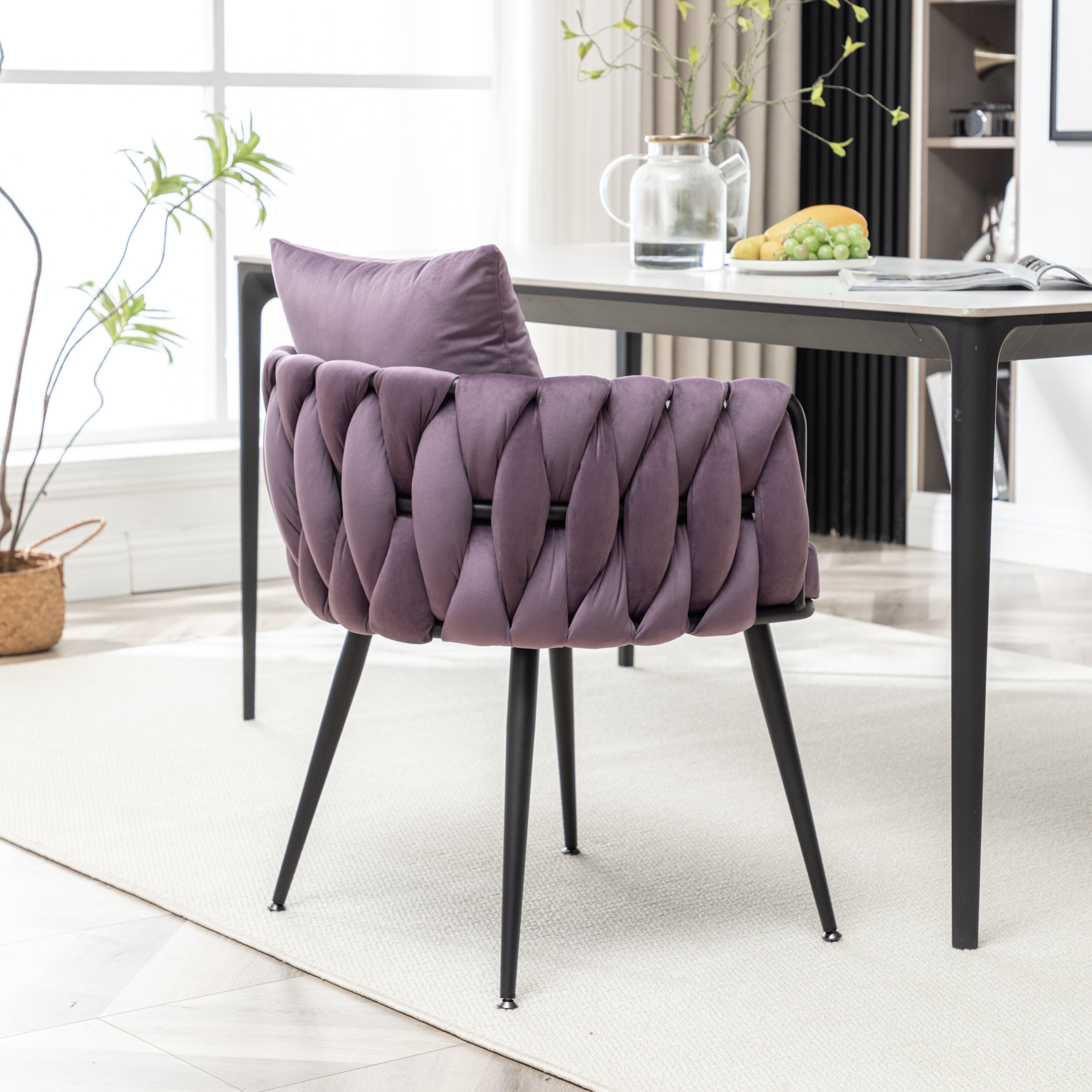 Dark Purple Velvet Dining Chairs Set of 2 - Modern Hand-Woven Upholstered Accent Chairs with Black Metal Legs for Living Room, Kitchen, Dining Room & Vanity - Perfect for Entertaining, Relaxing & Home Decor