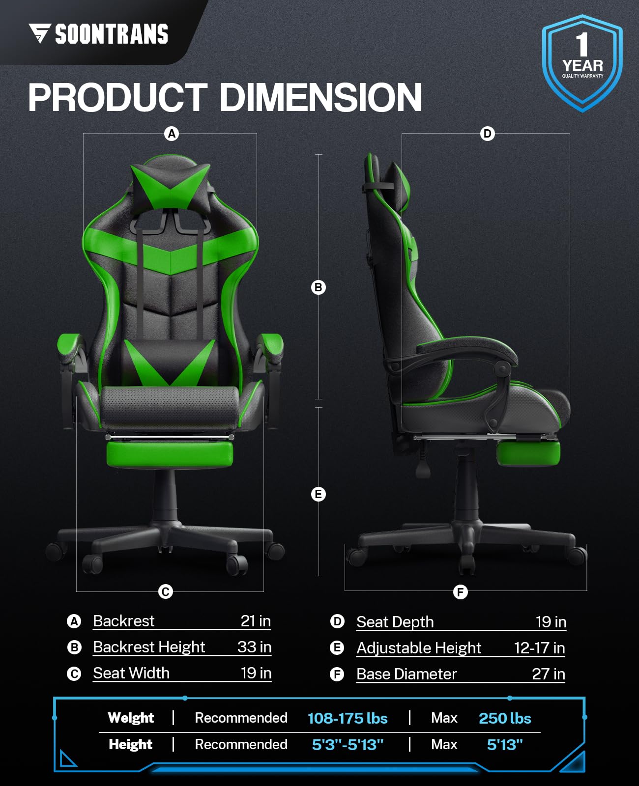 Soontrans Ergonomic Gaming Chair with Adjustable Headrest & Lumbar Support - Racing Style Computer Gamer Chair with Footrest (Jungle Green) - Perfect for Esports, Streaming & Home Office Setup