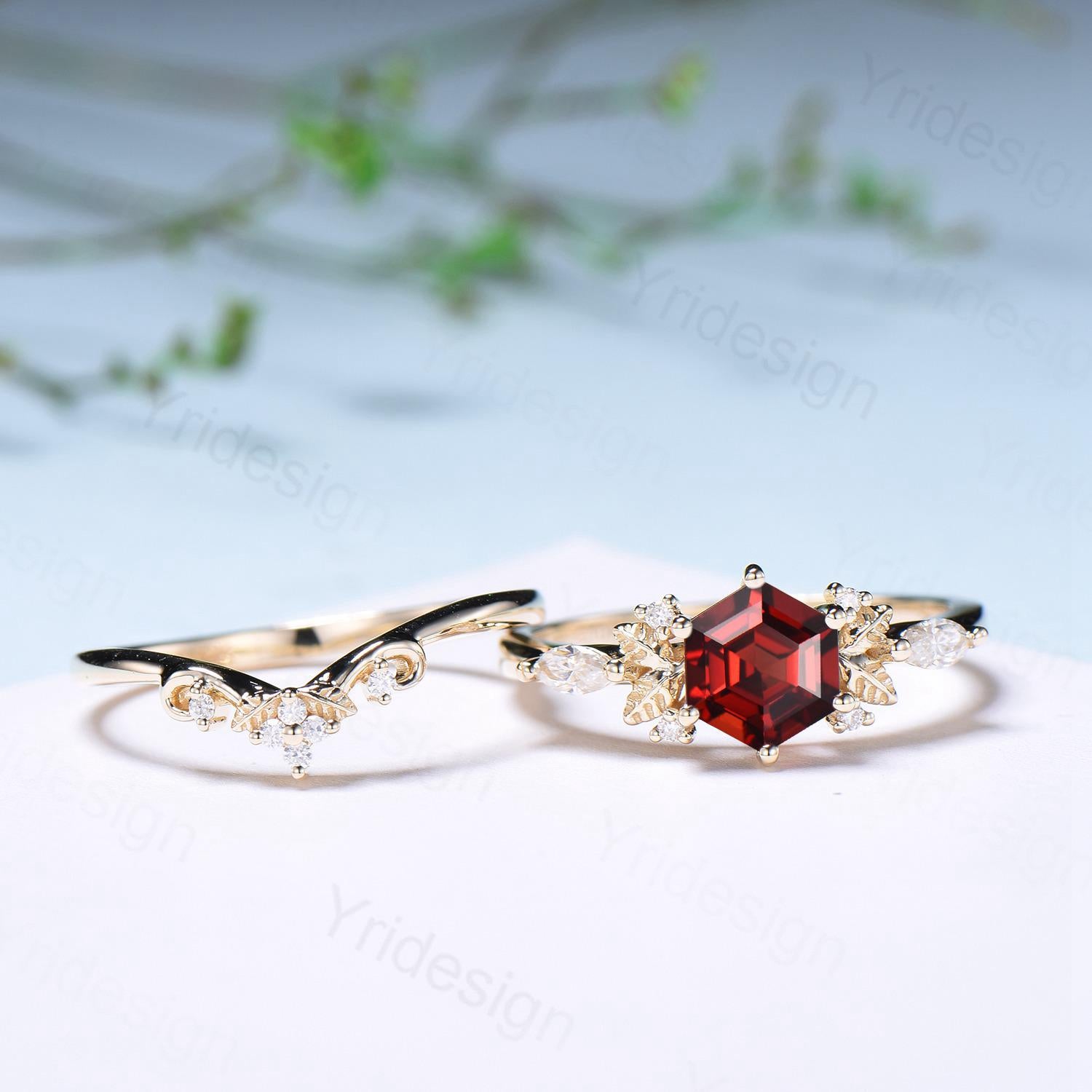 14K Yellow Gold Hexagon Garnet Engagement Ring Set - Nature Inspired Leaf Vine Wedding Band - January Birthstone Jewelry for Women - Perfect for Proposals, Anniversaries & Special Occasions