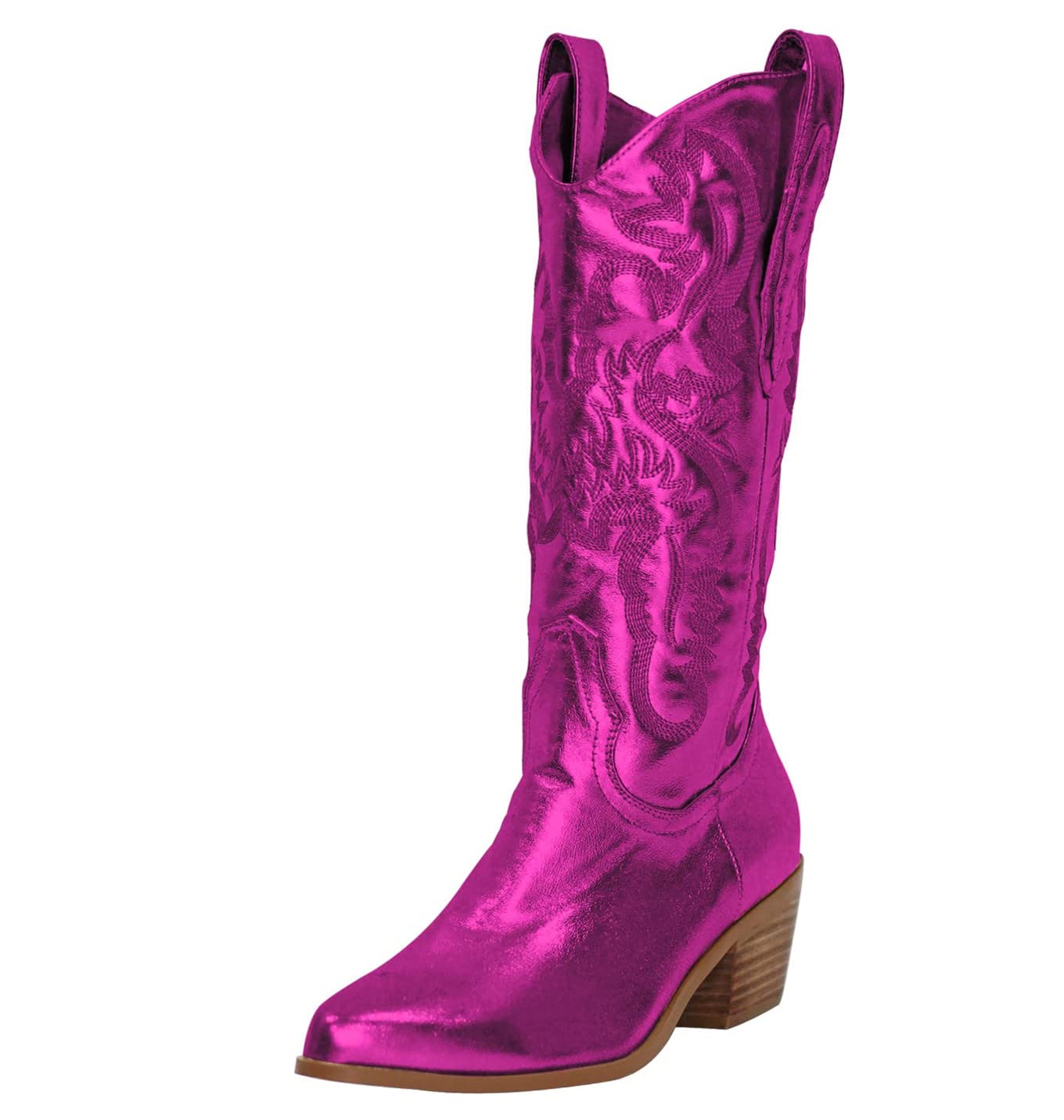 Richealnini Women's Embroidered Cowboy Boots - Pull-On Mid Calf Western Booties for Country Dancing, Rodeo & Fashion Outfits